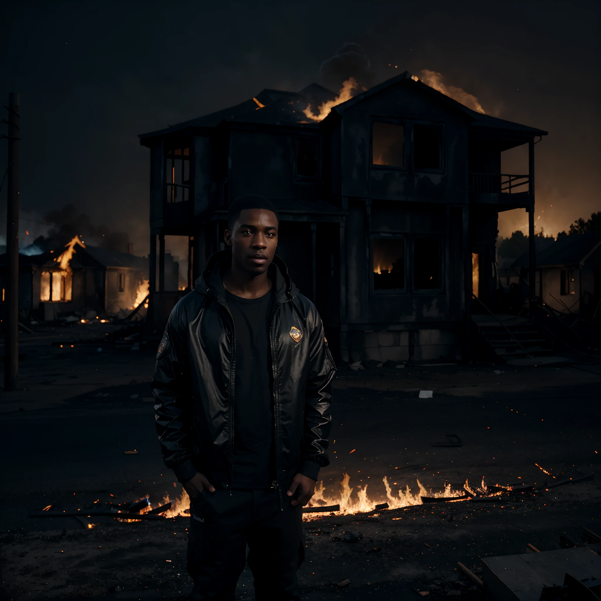 A black man with hood jacket on standing in an empty area with a burning house in the background, night time,  dark lit scene with the fire on the burning house lighting the scene, with iridescent light, cinematic lighting, artgerm style, photorealistic image, 32k, ultra HD, unreal engine rendered, IMAX shot,