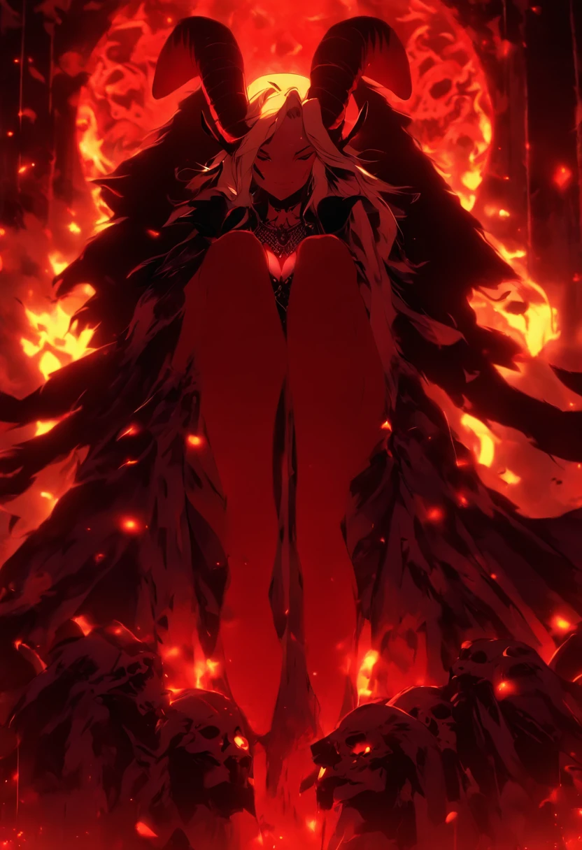 (((Ereshkigal))) best quality, ultra-high resolution, 4K detailed CG, masterpiece, goddess Sumeria, goat horns, skulls, sitting on stone, aesthetic, Sumerian, ((goddess of the underworld)), beautiful image, centered on the screen,