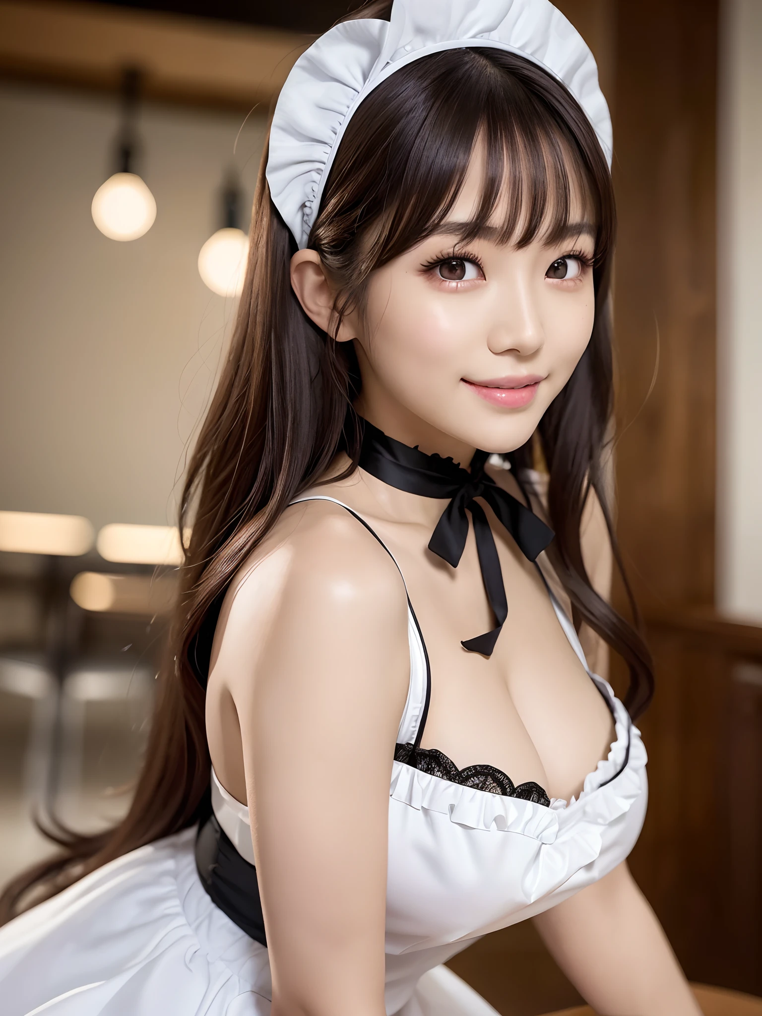 masterpiece, 1 girl per 1 photo, upper body shot, directly front view, a Japanese young pretty woman, wearing a short sleeve satin silky black cute maid costume in the cafe with a big smile, wearing a white frilled headband, a white frilled apron, a black choker, glamorous figure, hyper cute face, glossy lips, sweaty body, double eyelids in both eyes, Natural makeup, long eyelashes, shiny smooth light brown hair of long bob hair, asymmetrical bangs, tanned skin, central image, 8K resolution, high detail, detailed hairstyle, Detailed Face, spectacular cinematic lighting, octane rendering, vibrant, hyper realistic, perfect limbs, perfect anatomy ,evil smile,disproportionate breasts,