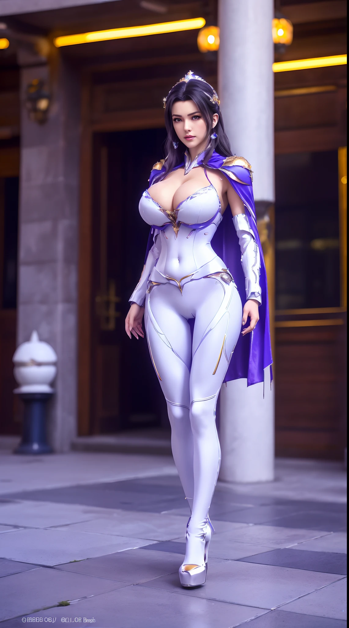 1GIRL, SOLO, (ssmile, makeup, beautifull eyes, red libs, gold ornament hair), (HUGE FAKE BOOBS:1.3), (GUARD ARM), (white, purple, blue, FUTURISTIC MECHA ARMOR SUIT, ROYAL CAPE, CLEAVAGE, SKINTIGHT YOGA PANTS, HIGH HEELS:1.5), (SLENDER BODY, SEXY LONG LEGS, FULL BODY:1.3), (LOOKING AT VIEWER:1), (WALKING DOWN ON STREET NIGHT CITY:1.3), PHYSICALLY-BASED RENDERING, ULTRA HIGHT DEFINITION, 8K, 1080P.