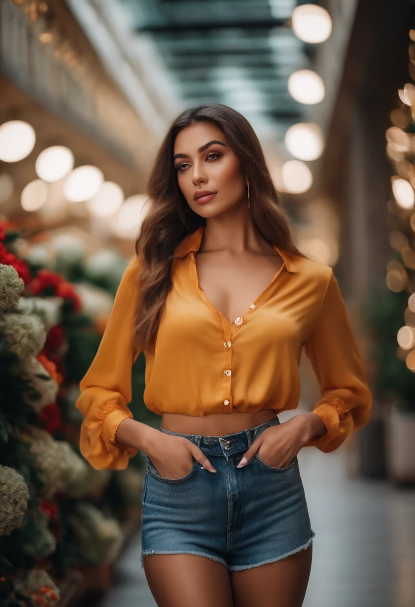 Beautiful sexy influencer woman with the face of a little girl, 21 years old, beautiful, slim and sensual body, with marked nipples in her blouse. in a shopping center