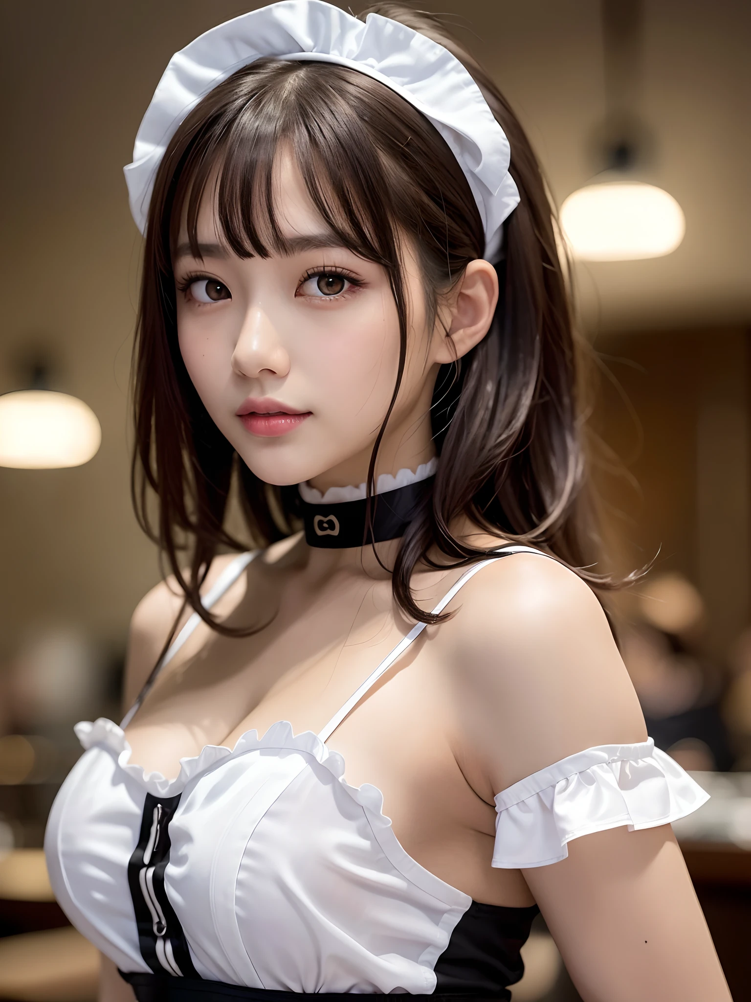 (Original Character、Unity 16K Wallpaper, Masterpiece, Best Quality, Ultra-Detailed, Extremely Detailed CG, Caustics, Cinematic Lighting, Detailed, Beautiful Detailed Eyes, solo,sexy women), Ultra High Resolution, fine skin, (maid, maid apron, maid headdress), (strong light)、oily skin,curby:1.2,,sexy women,little devil face,large breasts, bent over、fold arms