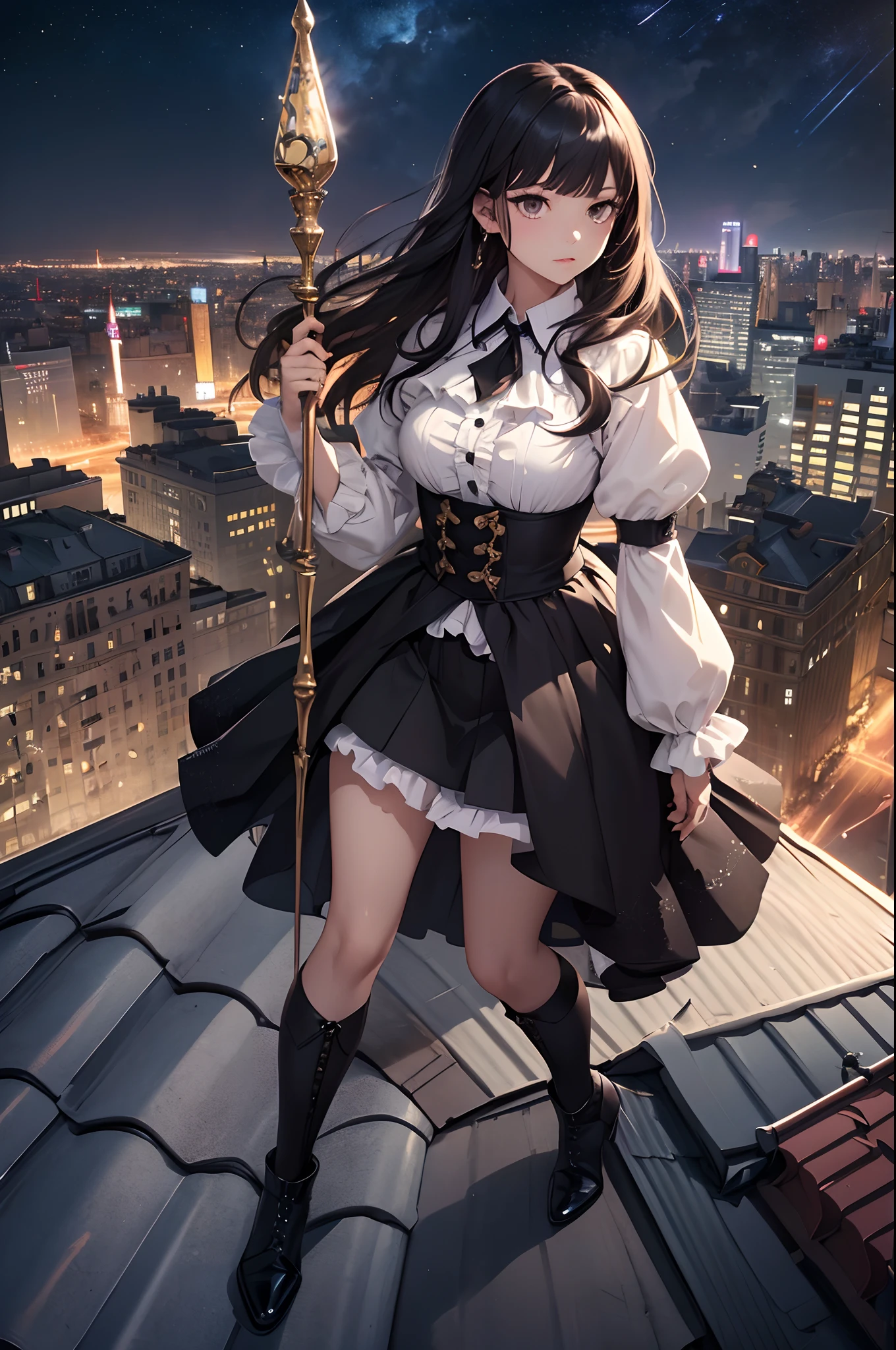 (Official art、Best Quality、Unity 8k Wallpapers、32K、masterpiece、ultra-detailliert、超A high resolution、realisitic、Photorealsitic:1.2)、(Cinematic lighting:1.2)、Fireglow effect、film grains、Best Shadows、Rim lighting、side lights、sideshot、(Ultra-detailed and complex 3D rendering)、Detailed beautiful face and eyes、Sharp pupils、Realistic pupils、A slender、1Man Woman、Medium bust、(Full body:1.2)、 Highly detailed background、beauitful face、-yeld beiful girl、(super detailed skin、detailed skin textures:1.3)、Black hair、Blunt bangs、Brown-eyed、magical girl costume、white shirt、Costumes with frills、pleatedskirt、knee sox、(thighs thighs thighs thighs:0.8)、Black boots、(City at night、On the roof of a building:1.4)、(carrying a magical staff:1.3)、(Looking away、overlooking a city:1.3)、