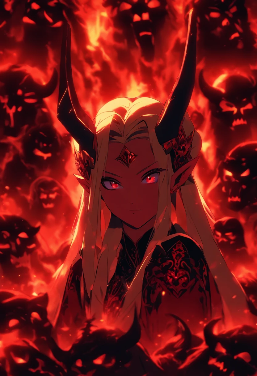 (((Ereshkigal))) best quality, ultra-high resolution, 4K detailed CG, masterpiece, goddess Sumeria, goat horns, skulls, sitting on stone, aesthetic, Sumerian, ((goddess of the underworld)), beautiful image, centered on the screen,