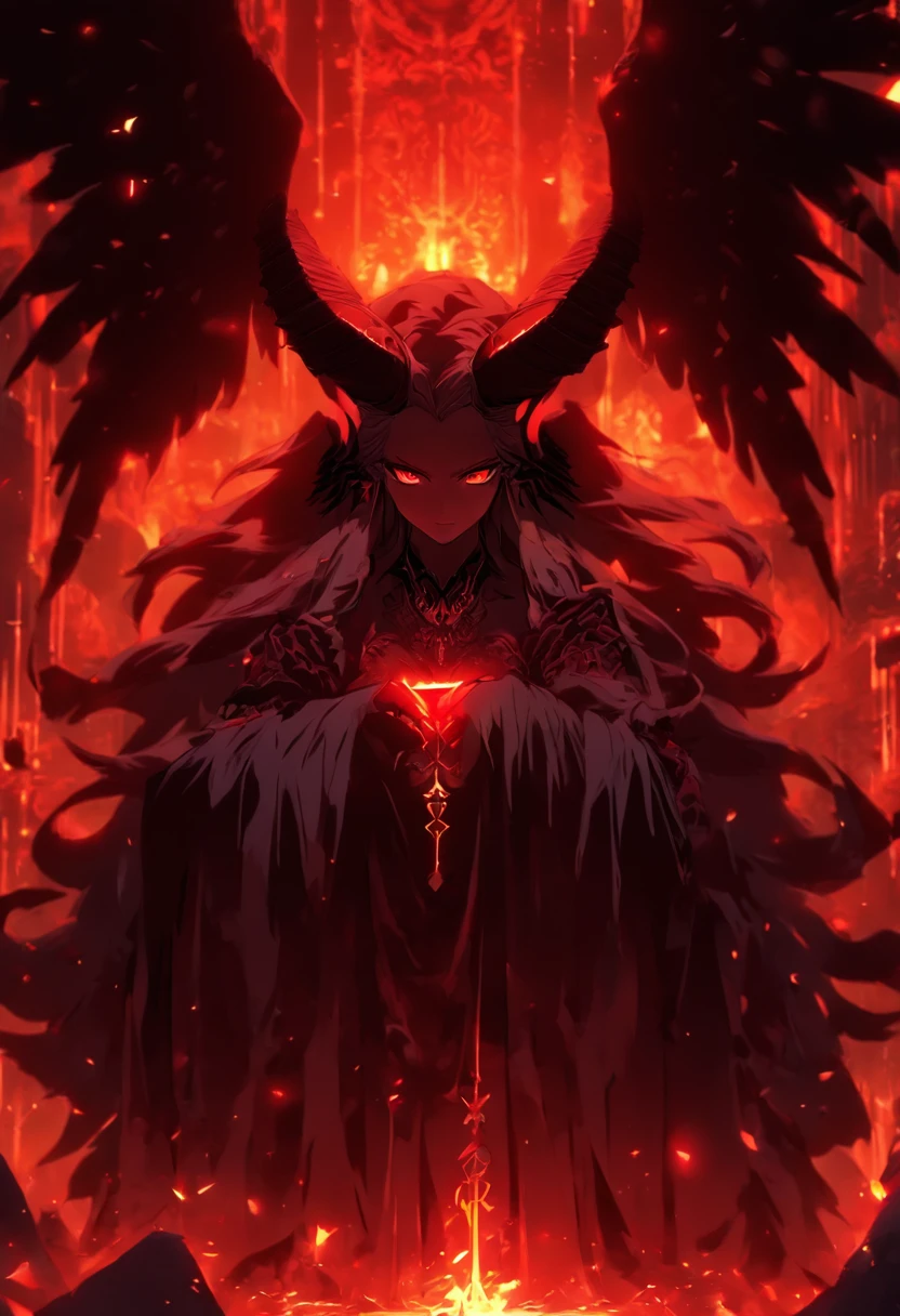 (((Ereshkigal))) best quality, ultra-high resolution, 4K detailed CG, masterpiece, goddess Sumeria, goat horns, skulls, sitting on stone, aesthetic, Sumerian, ((wings)), beautiful image, centered on the screen,