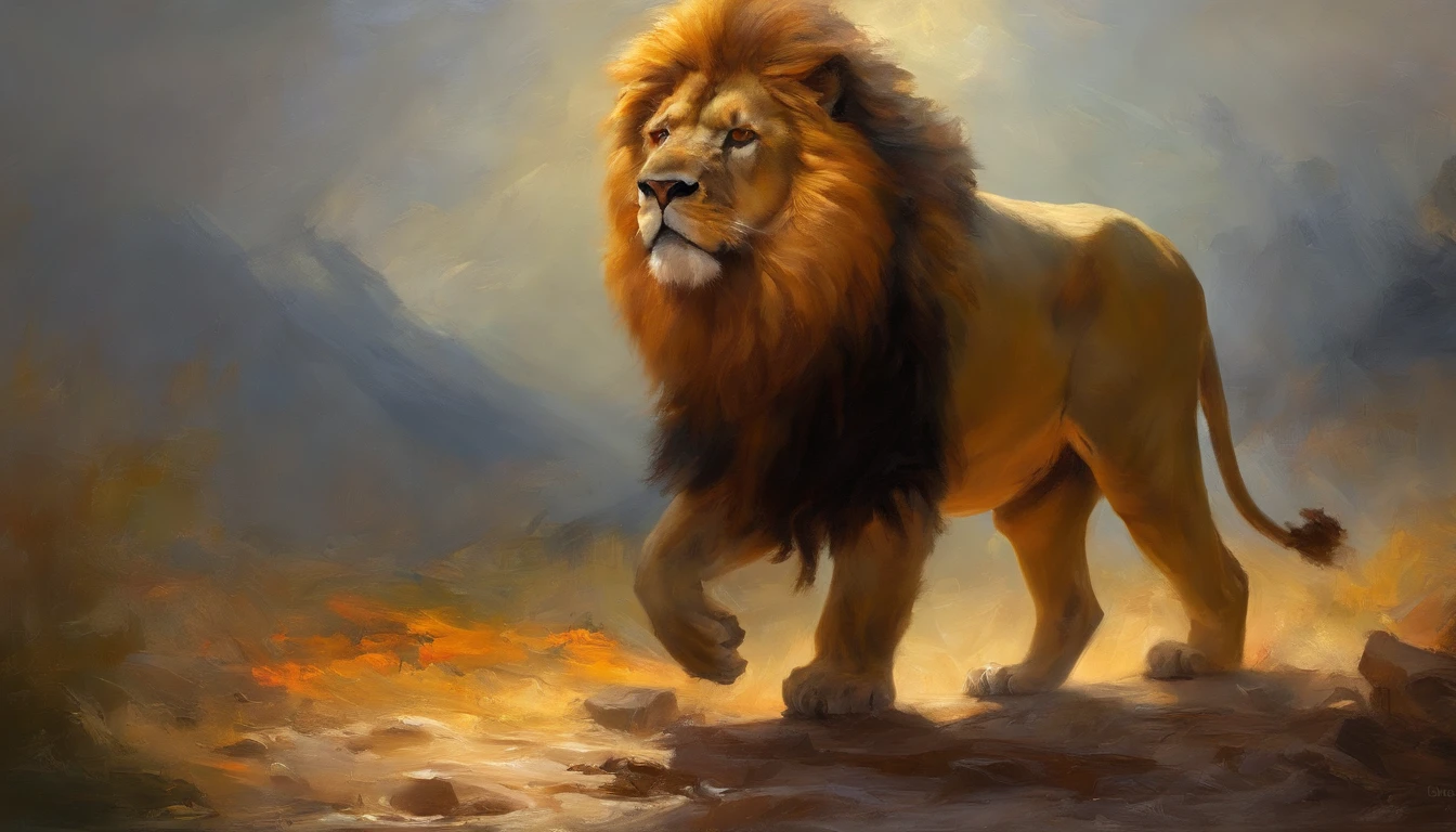 Unique image Samson strong body,cabelos grandes,Fighting with a lion,Lightning fight in the background, luta em 4k pintura 4k hd, Great Samson, Em primeiro plano, The lion in the background