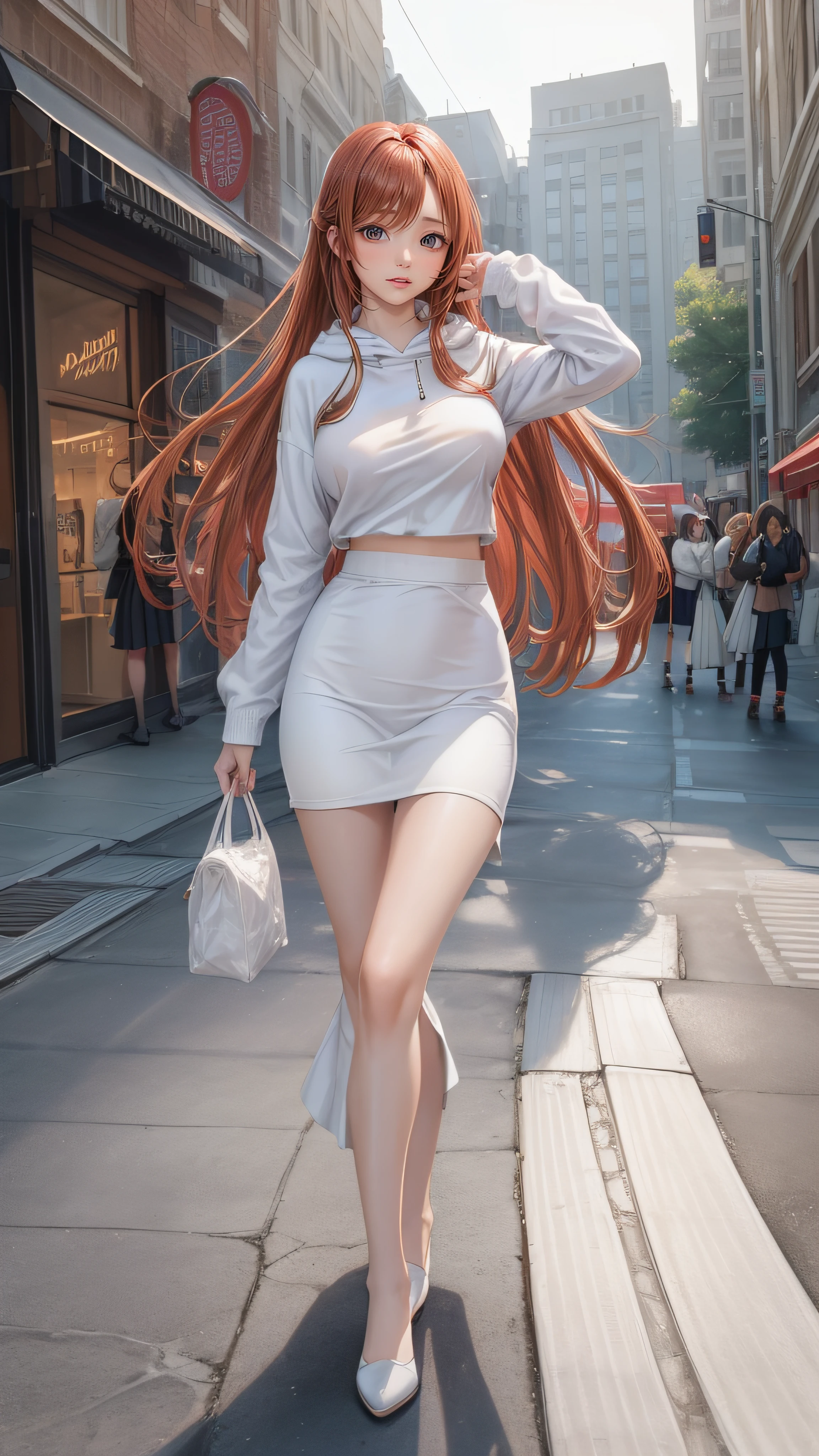 (from below),((1girl:1.5),curvy,petite,beautiful breasts,(large breasts),pale skin,erect nipples),((realistic),high resolution,best quality,masterpiece,(Sense of presence:1.5),(((Dynamic,bold))))),(((extra long High ponytail),(straight hair),Swept bangs,(extra light coppery red hair),(hair over one eye),hair blowing in the wind)),((clothed:1.5),baggy white pullover hoodie,(long tight skirt:1.5))