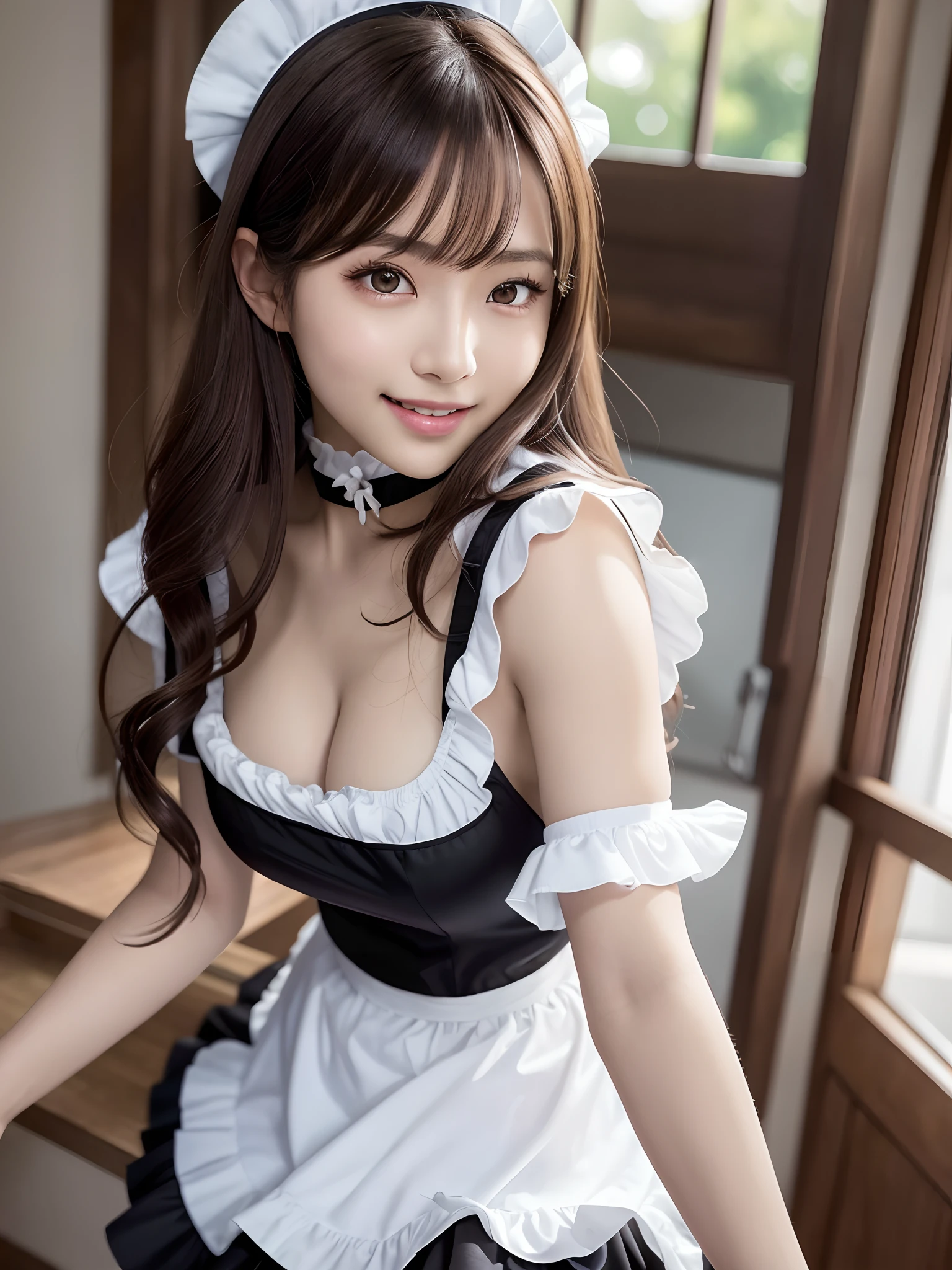 masterpiece, 1 girl per 1 photo, upper body shot, directly front view, a Japanese young pretty woman, wearing a short sleeve satin silky black cute maid costume in the cafe with a big crazy smile, wearing a white frilled headband, a white frilled apron, a black choker, glamorous figure, hyper cute face, glossy lips, sweaty body, double eyelids in both eyes, Natural makeup, long eyelashes, shiny smooth light brown hair of long bob hair, asymmetrical bangs, tanned skin, central image, 8K resolution, high detail, detailed hairstyle, Detailed Face, spectacular cinematic lighting, octane rendering, vibrant, hyper realistic, perfect limbs, perfect anatomy ,disproportionate breasts, revealing clothes,