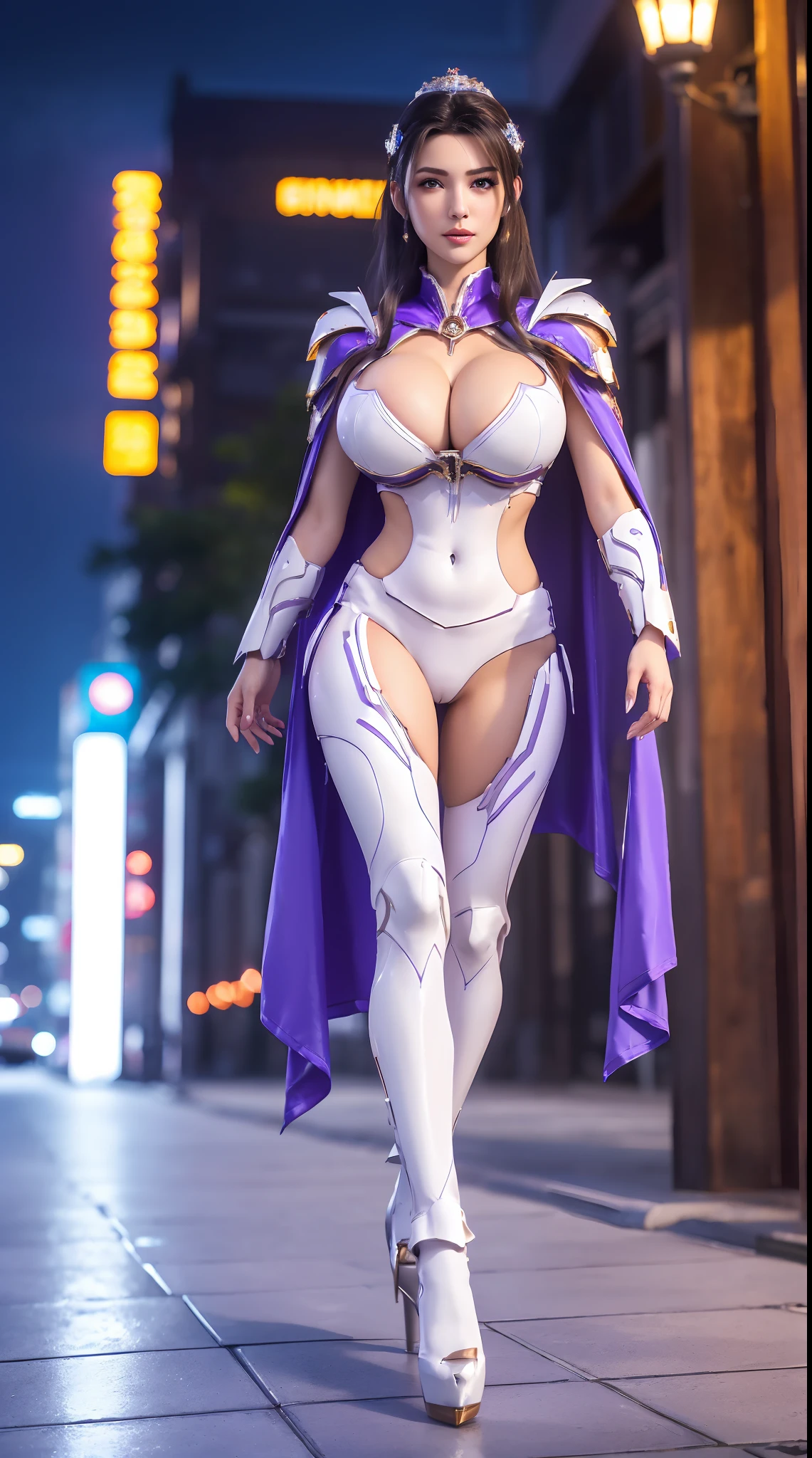 1GIRL, SOLO, (ssmile, makeup, beautifull eyes, red libs, gold ornament hair), (HUGE FAKE BOOBS:1.3), (GUARD ARM), (white, purple, blue, FUTURISTIC MECHA ARMOR SUIT, ROYAL CAPE, CLEAVAGE, SKINTIGHT YOGA PANTS, HIGH HEELS:1.5), (SLENDER BODY, SEXY LONG LEGS, FULL BODY:1.3), (LOOKING AT VIEWER:1), (WALKING DOWN ON STREET NIGHT CITY:1.3), PHYSICALLY-BASED RENDERING, ULTRA HIGHT DEFINITION, 8K, 1080P.