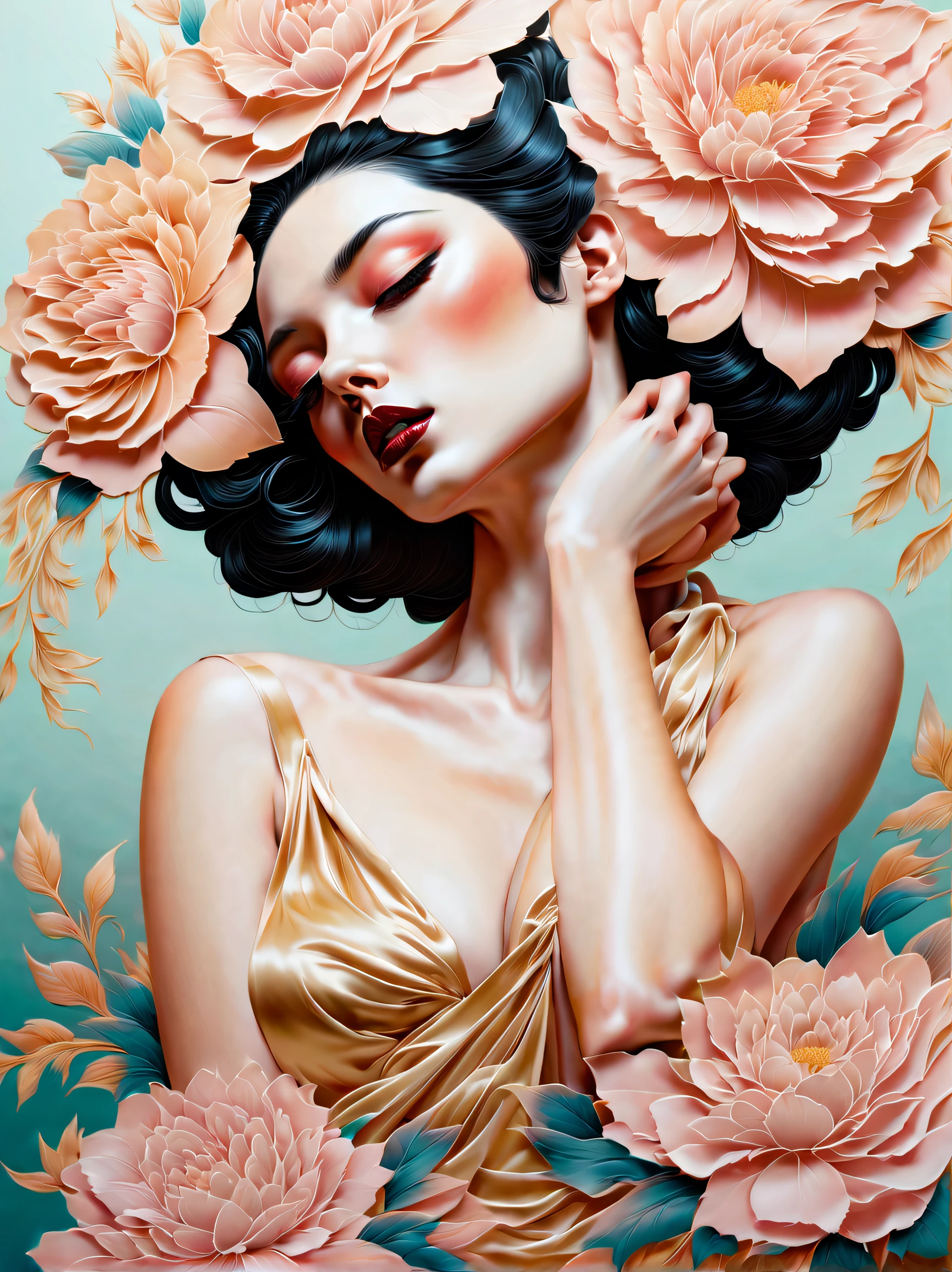 chiaroscuro technique on sensual illustration of an elegant , retro and vintage ,silky flower around body, matte painting, by Hannah Dale, by Harumi Hironaka, extremely soft colors, vibrant, pastel, highly detailed, digital artwork, high contrast, dramatic, refined, tonal, golden ratio