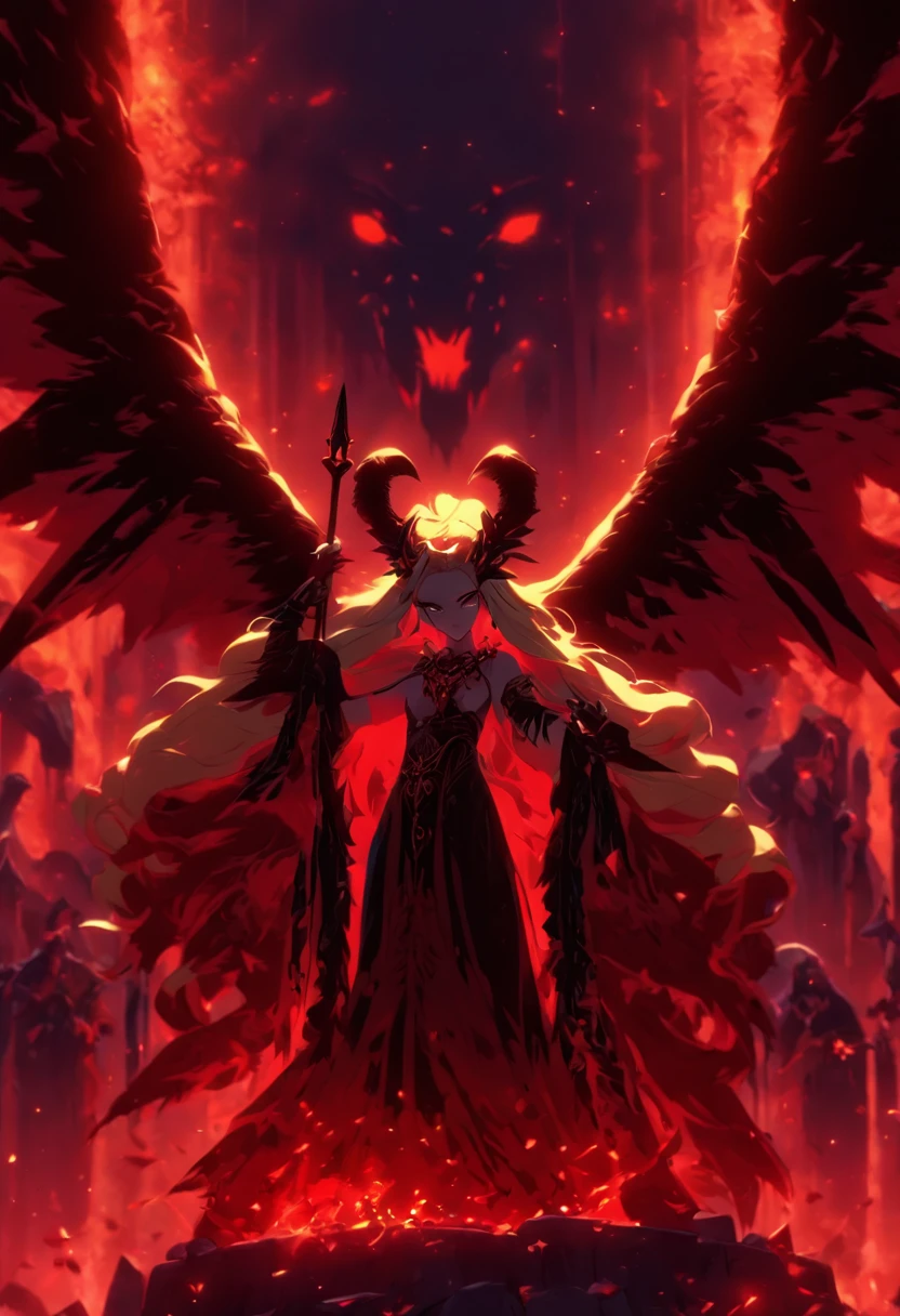 (((Ereshkigal))) best quality, ultra-high resolution, 4K detailed CG, masterpiece, goddess Sumeria, goat horns, skulls, sitting on stone, aesthetic, Sumerian, ((wings)), beautiful image, centered on the screen,
