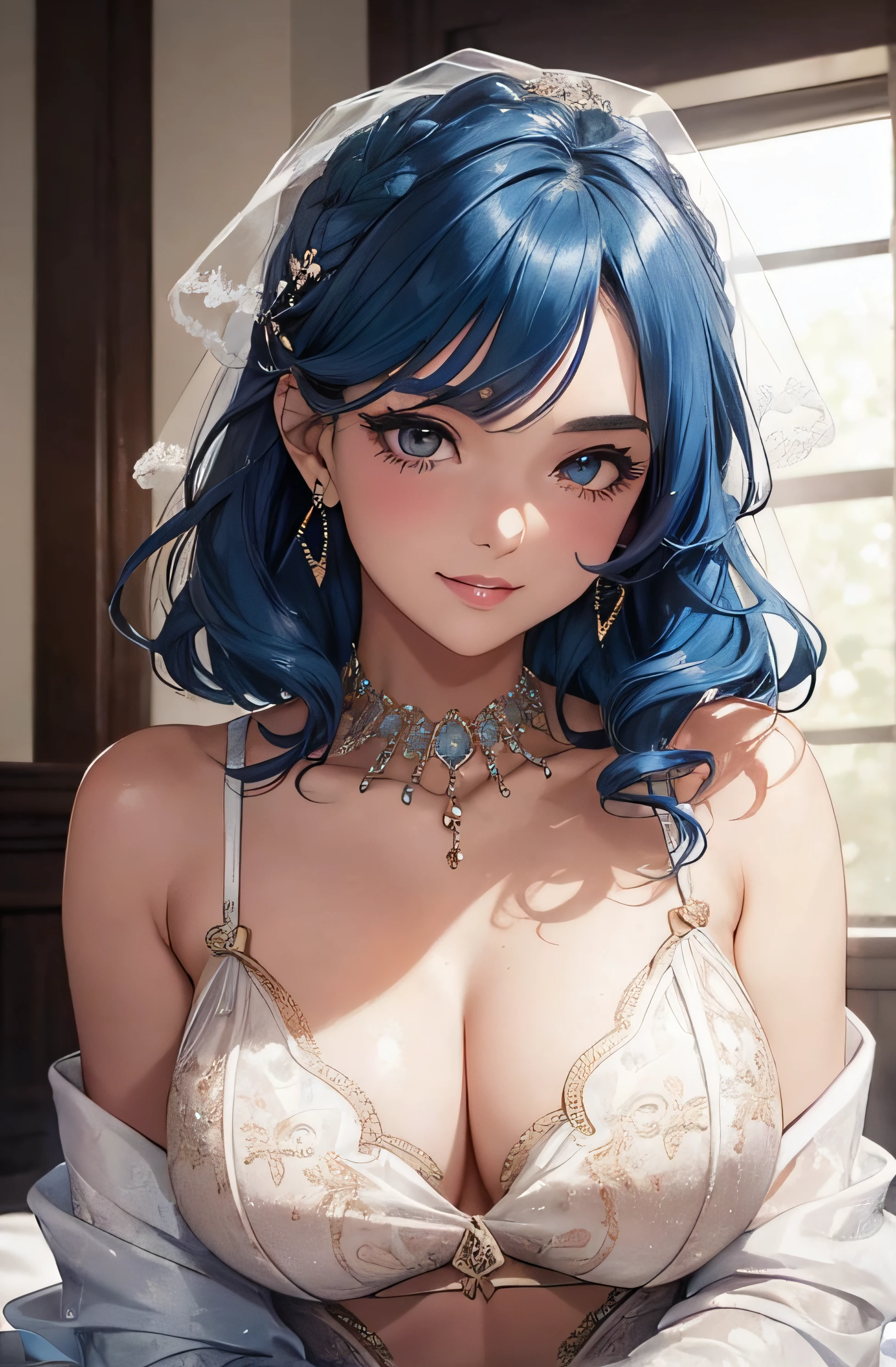 (A photo of upper body), Beautiful face, Highly detailed face and skin texture, (Detailed eyes), Brown eyes, Double eyelids, Thin eyebrows, Glitter eyeliner: 1.2, Natural cheeks, Shiny skin, Fair skin, (((in bridal clothes waiting for her boyfriend for a date))), Glitter necklace and earrings, (Shiny lips: 1. 4), (Seductive smile), (20 years old), (Wavy hair, Diagonal bangs), ((blue hair)),Short hair, ((Upper body shot)), ((Focus on chest and face)), Medium large breasts, Upturned breasts.