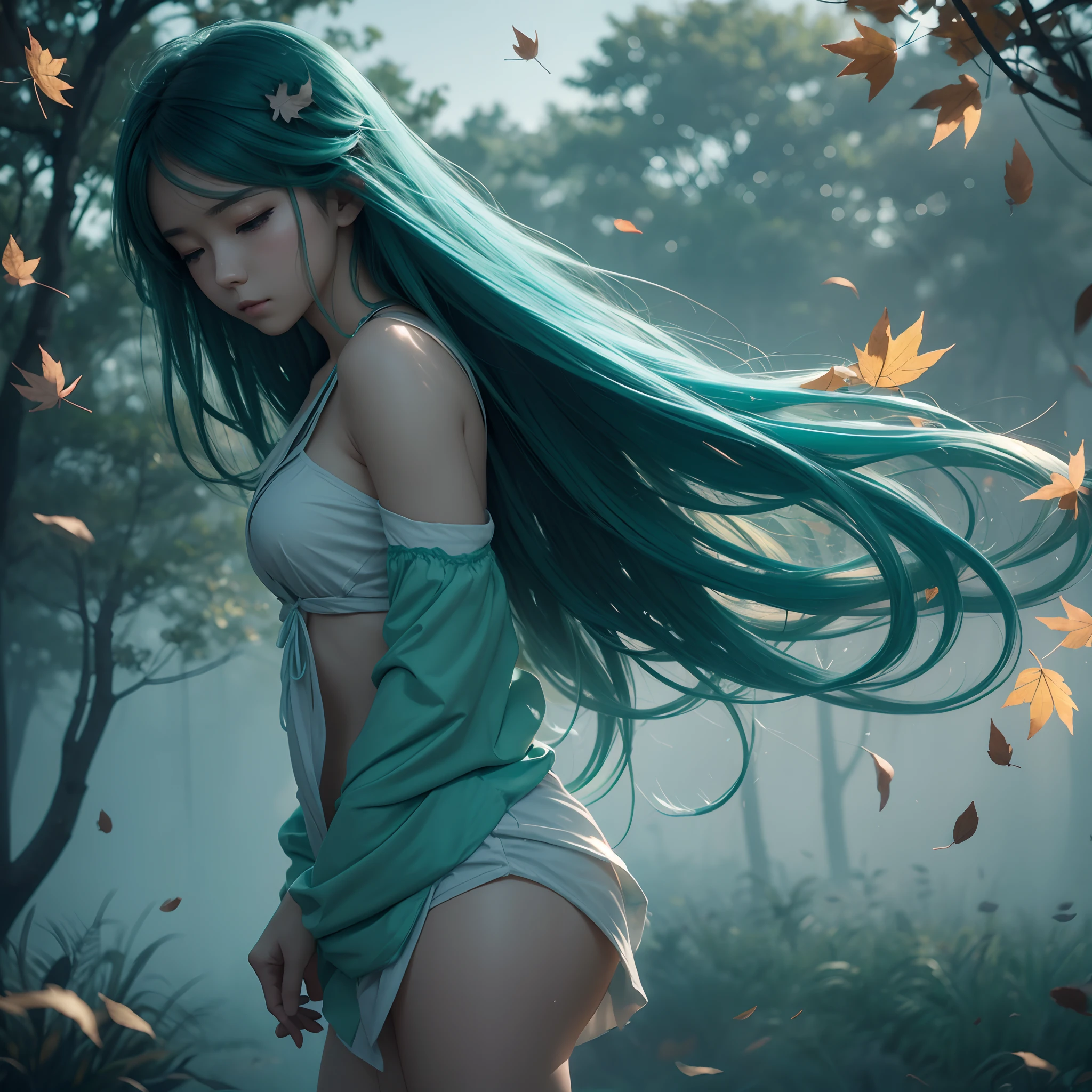 (High Detail:1.2)Anime Girl, minimal clothing,(Cinematic Lighting,Delicate Colors),(Falling Leaves:1.2), Calm Lighting, Wind, Fog. Turquoise, delta shades. discord banner