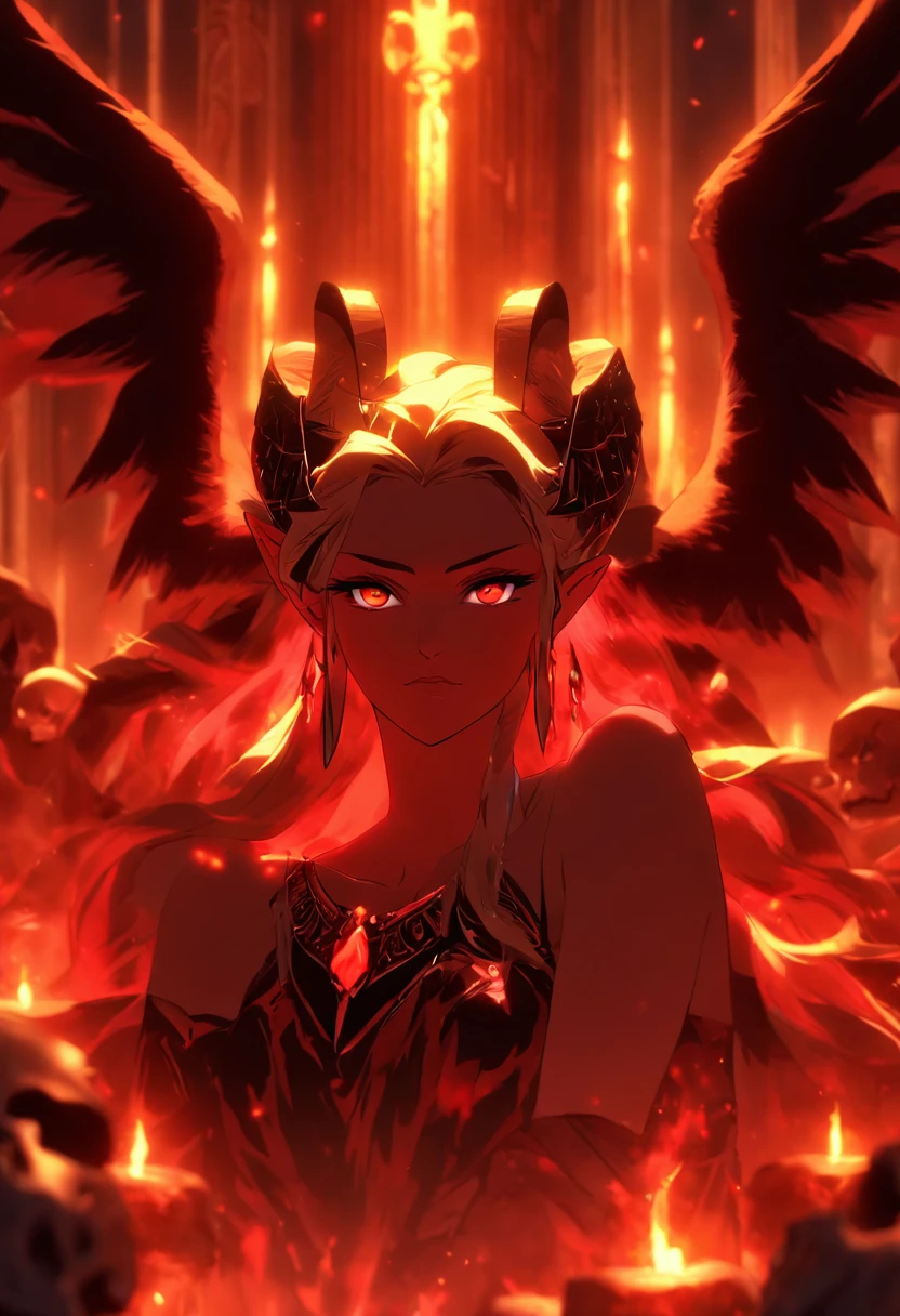 (((Ereshkigal))) best quality, ultra-high resolution, 4K detailed CG, masterpiece, goddess Sumeria, goat horns, skulls, sitting on stone, aesthetic, Sumerian, ((goddess with wings)), beautiful image, centered on the screen,