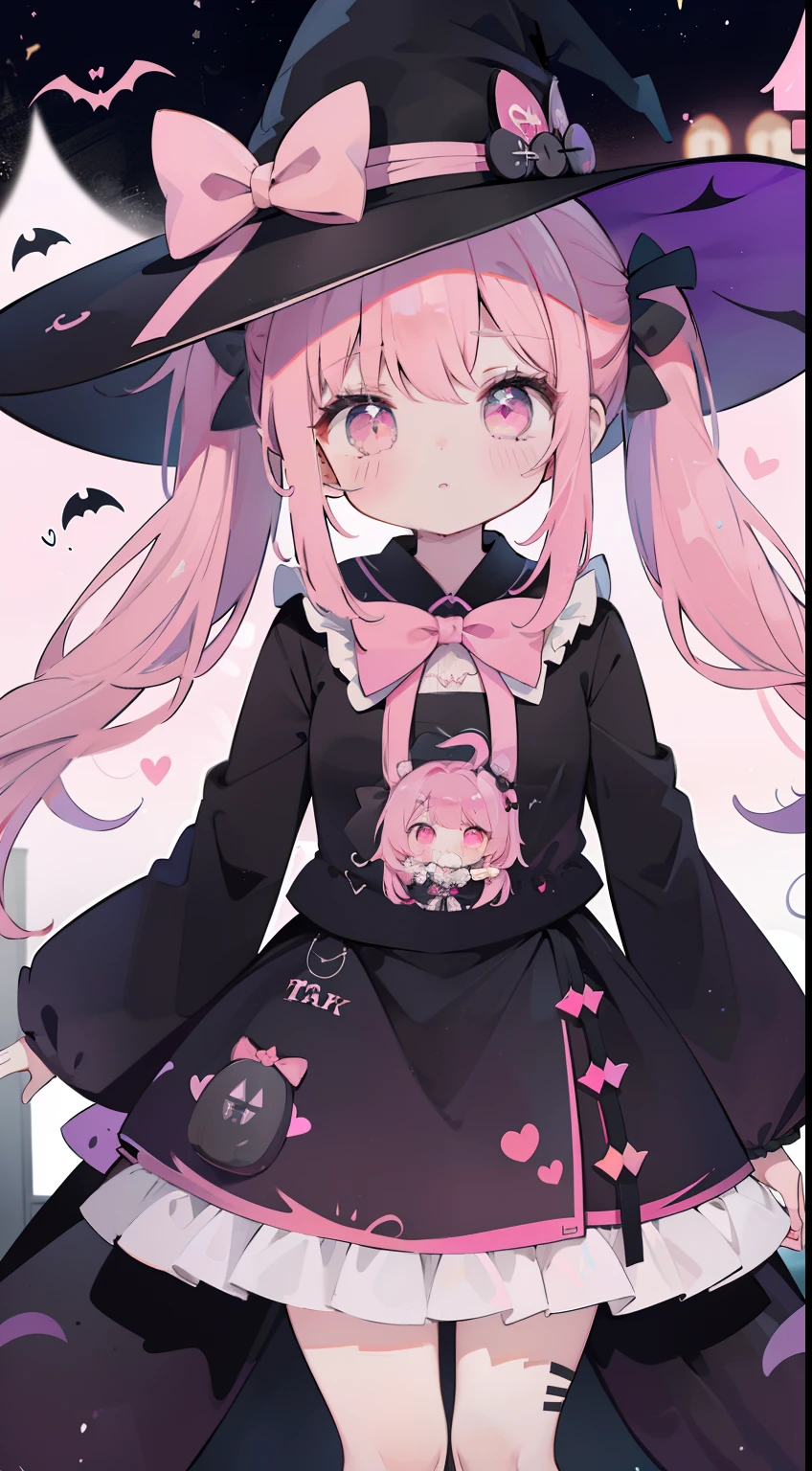 (Pixel art:1.2), 1girl, <lora:Fallenshadow_SDXL:0.8>. Fallenshadow. criss-cross halter. solo. petite. black dress. witch hat. leg ribbon. halterneck. waist bow. sleeves past wrists. blush. frills. pink background. sleeves past fingers. plaid background. bare shoulders. sitting. looking at viewer. frilled dress. alternate costume. short dress. short twintails. arm ribbon. food-themed clothes. twintails. heart. witch. off shoulder. large hat. hand between legs. between legs, black background, seductive smile