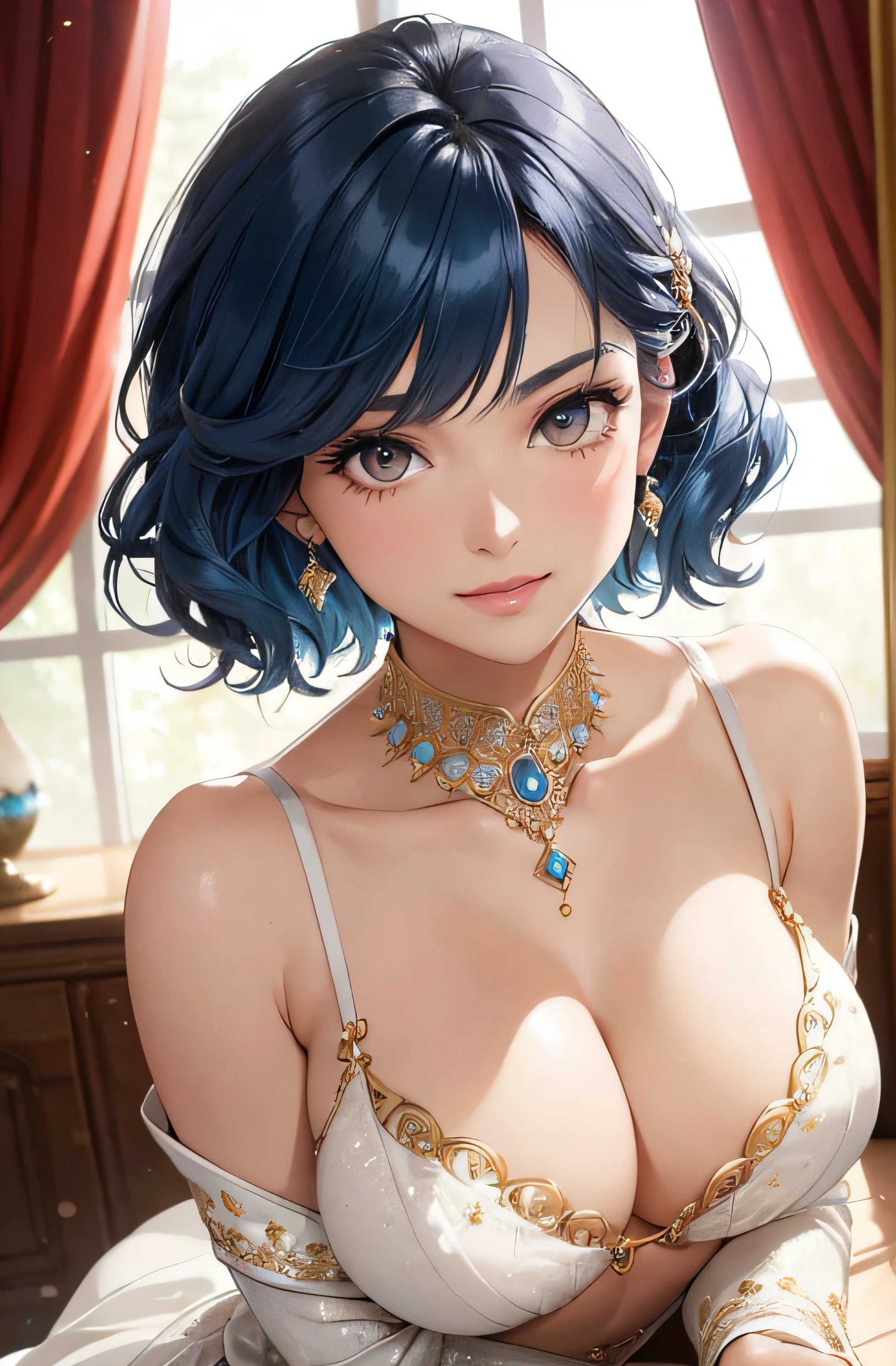 (A photo of upper body), Beautiful face, Highly detailed face and skin texture, (Detailed eyes), Brown eyes, Double eyelids, Thin eyebrows, Glitter eyeliner: 1.2, Natural cheeks, Shiny skin, Fair skin, (((in bridal clothes waiting for her boyfriend for a date))), Glitter short earrings, (Shiny lips: 1. 4), (Seductive smile), (20 years old), (Wavy hair, Diagonal bangs), ((blue hair)),Short hair, ((Upper body shot)), ((Focus on chest and face)), Medium large breasts, Upturned breasts.