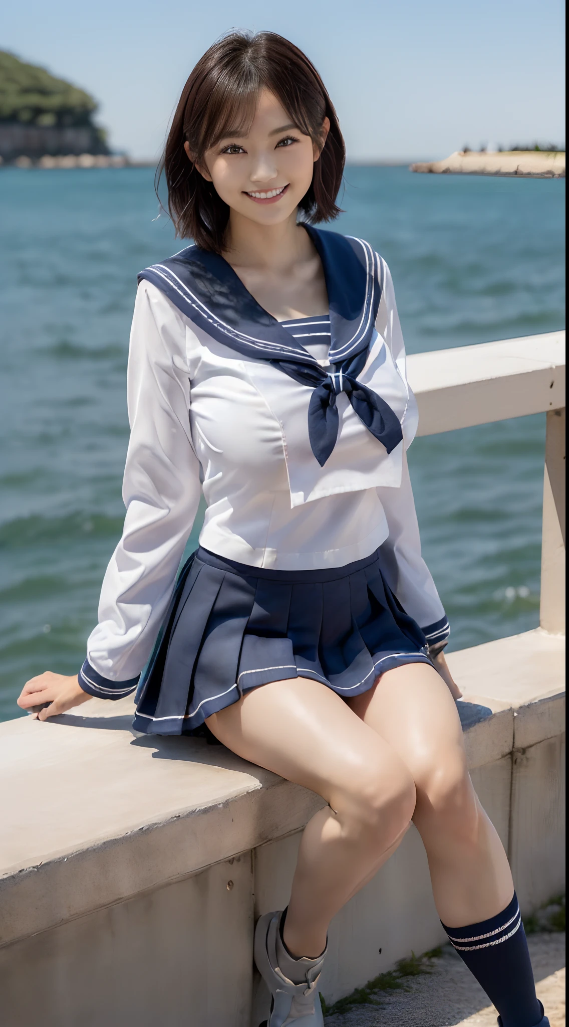 (in 8K, 超A high resolution, Best Quality, masutepiece:1.1),(18year old:1.1)、(Look away)、in 8K、RAW portrait of japanese girl、Photorealsitic、超A high resolution、top-quality、(a sailor suit、Navy Pleated Mini Skirt:1.3) (hi-school girl、quite massive chest、Pretty big breasts、toned body、Be sure to hide all breasts、black hair short cut、Sit with your legs wide open to the side:1.4)(Super cute、Cute smile、Navy Mini Skirt Sailor Suit、Black socks、lowfers:1.2)Sit on the embankment by the sea