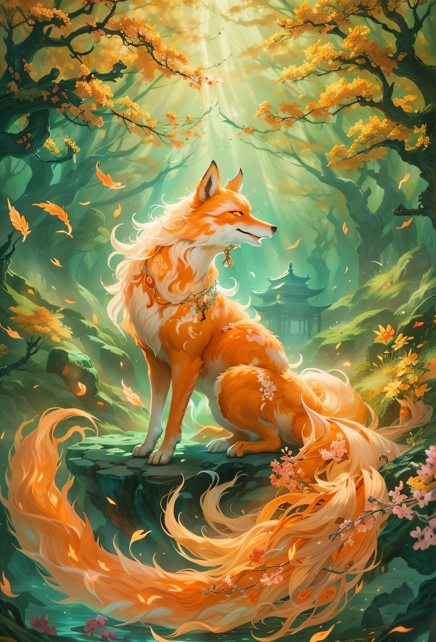 mythological creatures，（（The nine-tailed fox in Chinese mythology）），Traditional Chinese elements，（（Ancient murals）），Illustrative myths，Fuyao Legend，Dappled light，Hazy haze，mystical aura，tmasterpiece，k hd，Rich in color，Detailed details，Seven colors