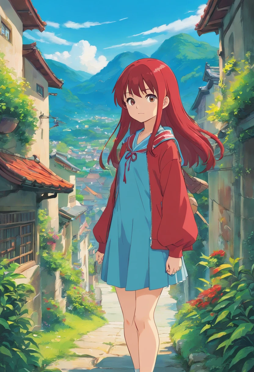 uma menina usando um colar de anime, um colar longo e brincos, no estilo de paisagens de jardim tranquilas, animated color photos, Erza scarlet, vermelho-escarlate, Paulo Gauguin, Estilo Embry, retrato honesto