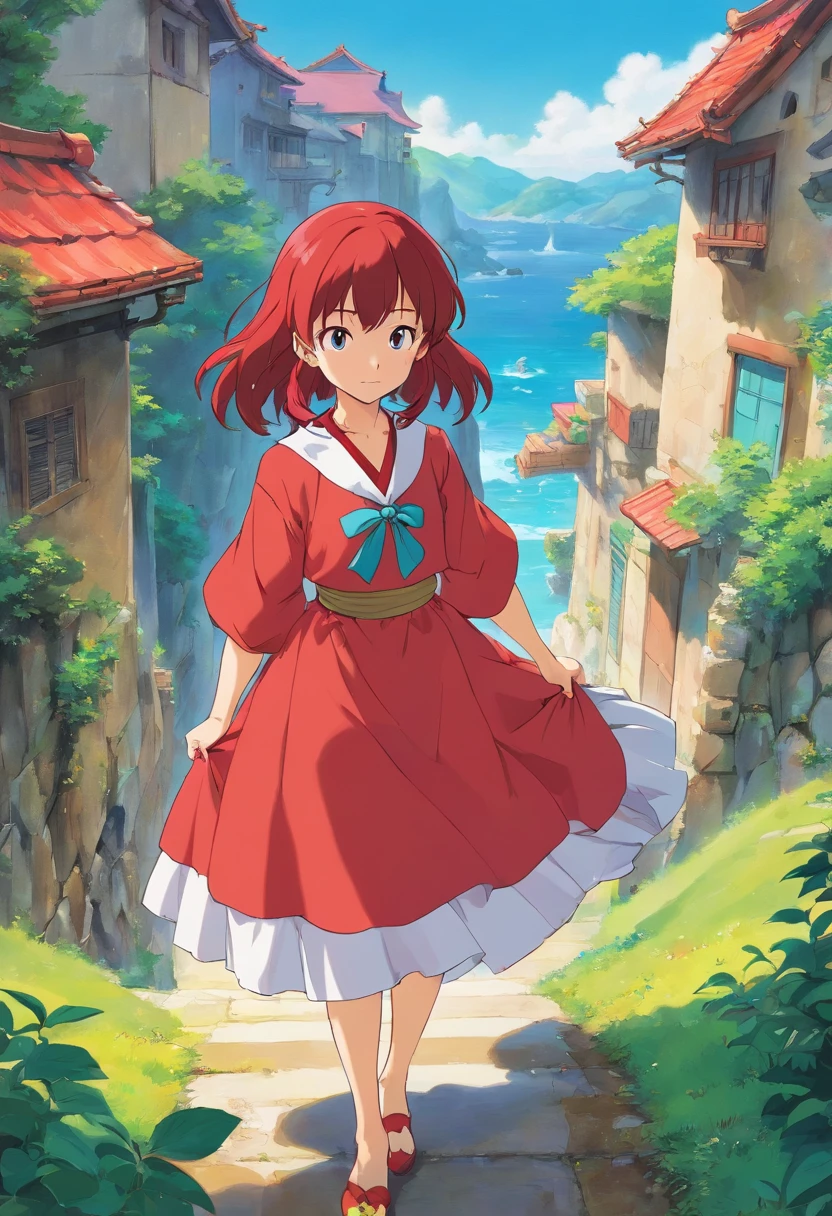 uma menina usando um colar de anime, um colar longo e brincos, no estilo de paisagens de jardim tranquilas, animated color photos, Erza scarlet, vermelho-escarlate, Paulo Gauguin, Estilo Embry, retrato honesto