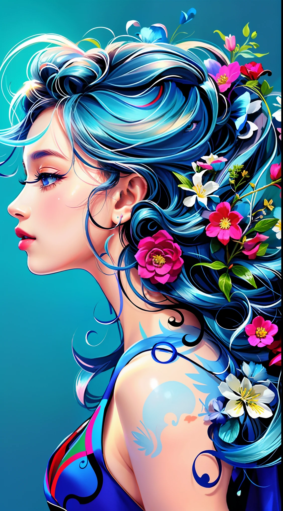 um close up de uma mulher com um cabelo florido e um rosto azul, lindo arte digital, linda arte digital linda, bela arte digital, arte digital muito bonita, exquisite digital illustration, imagem de arte digital, Bela arte UHD 4K, bela arte digital, pintura digital brilhante, arte digital impressionante, arte digital de alta qualidade, Beautiful digital illustration, Beautiful!!! Arte Digital