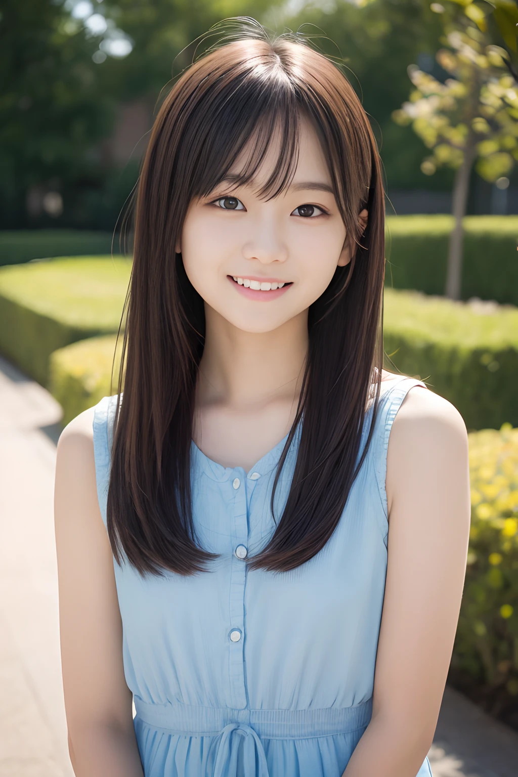 masutepiece, Best Quality, 8K, 15yo student, Teen, Raw photo, absurderes, award winning portrait, Smile, Smile, Solo, Night, neons, Idol face, violaceaess, gardeniass, Delicate girl, Upper body, Digital SLR, Looking at Viewer, Candid, Sophisticated, zora々Right, Thin arms, Professional Lighting, Film grain, chromatic abberation, (Eyes and faces with detailed:1.0), (Bokeh:1.1)