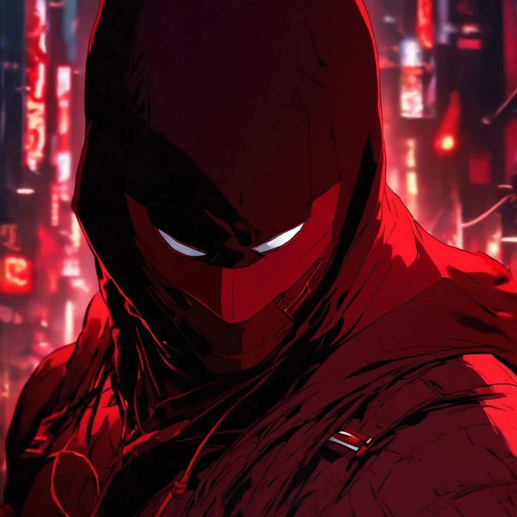 Daredevil as a hooded advanced teenager dressed red with red mask and red eyes and very small horns in live action and hooded as an anime ninja version