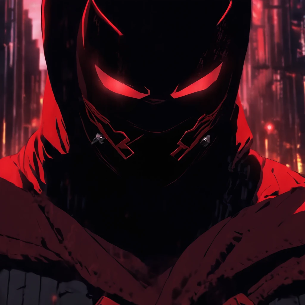 Daredevil as a hooded advanced ager dressed red with red mask and red eyes and very small horns in live action and hooded as an anime ninja version