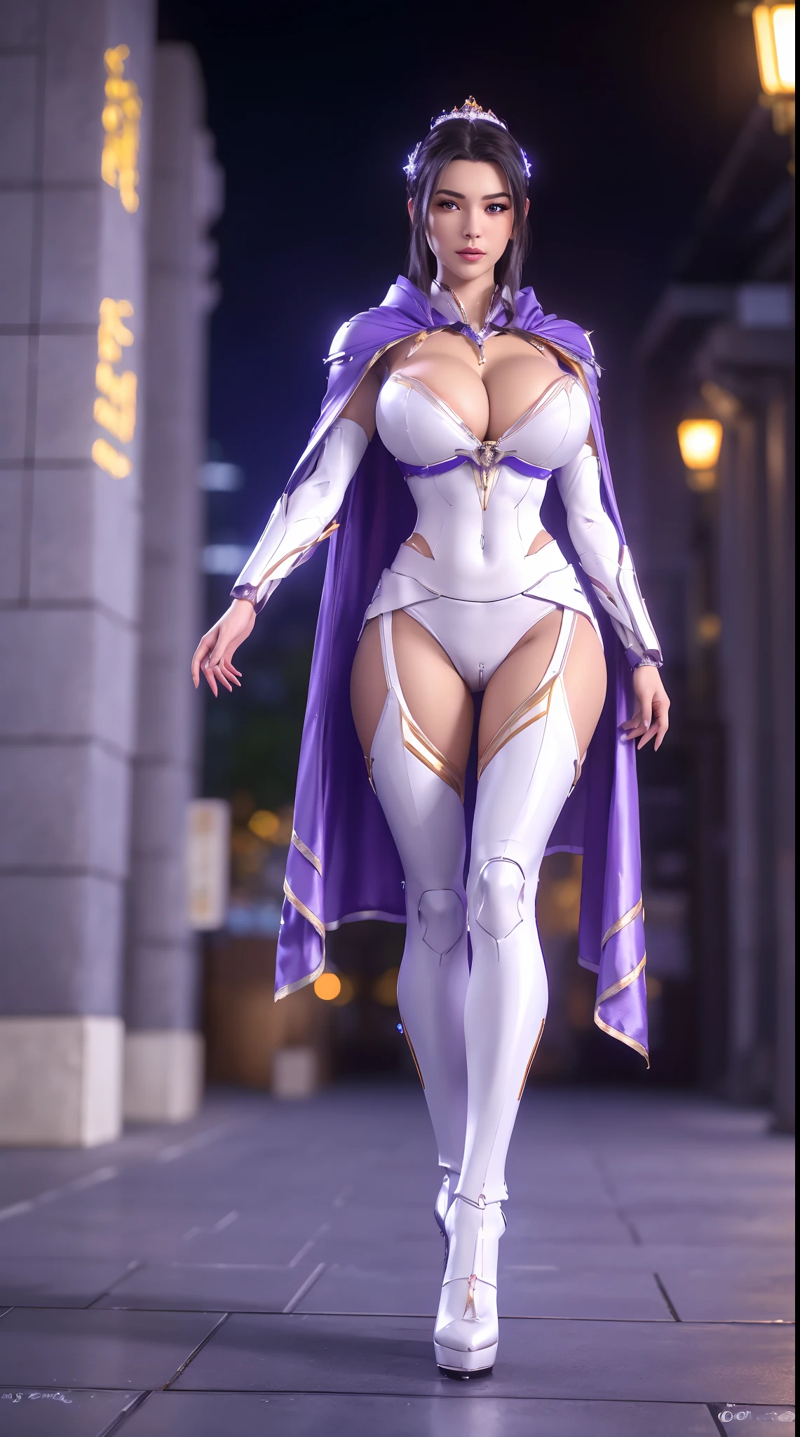 1GIRL, SOLO, (ssmile, makeup, beautifull eyes, red libs, gold ornament hair), (HUGE FAKE BOOBS:1.3), (GUARD ARM), (white, purple, blue, FUTURISTIC MECHA ARMOR SUIT, ROYAL CAPE, CLEAVAGE, SKINTIGHT YOGA PANTS, HIGH HEELS:1.5), (SLENDER BODY, SEXY LONG LEGS, FULL BODY:1.3), (LOOKING AT VIEWER:1), (WALKING DOWN ON STREET NIGHT CITY:1.3), PHYSICALLY-BASED RENDERING, ULTRA HIGHT DEFINITION, 8K, 1080P.