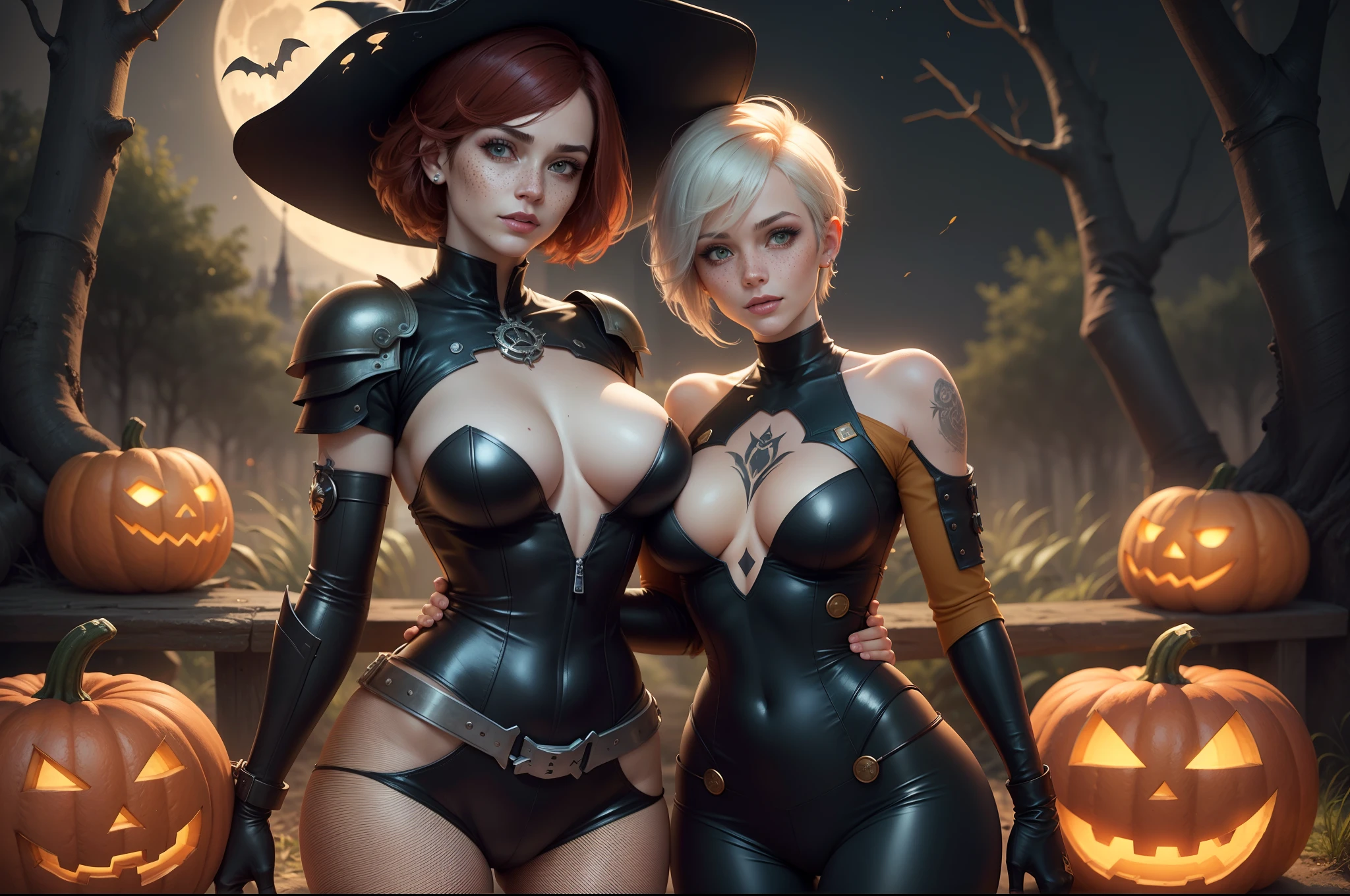 gwen tennyson,tracer,rebecca chambers, cheelai,atelier ryza,nier automata,1girl, close up,mecha pilot,tattoos,halloween forest,golden and red plugsuit,pirate corset,silver long sleeve lycra top,fishnet leggings,short hair,cute makeup, green eyes,red and gold hair,shy smile, freckles,redhead,beautiful girl,large breasts,ultra detailed,realistic,fantasy art, short flared skirt,steel armor,halloween pumpkin,moonlight,witch cloak,neck and head jewelry,witch hat,magic stars,