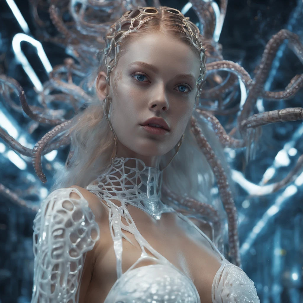 chiaroscuro technique on sensual illustration of tentacles, soft lighting, (ultra realistic 8k cg), (epic), ((rich, prestige)), perfect artwork, (masterpiece, high quality:1.2), ((hyper photorealistic:1.2)), intricate detail, delicate pattern, ((1girl:1.0)), ((full body:1.0)), ((perfect face:1.3)), ((perfect cool eyes:1.2)), (ecstasy face), (heavy makeup), ((platinum blonde long hair:1.0)), ((perfect female body)), ((wear a lot of tentacles inside white translucent bodysuit:1.2)), (a lot of tentacles full filled bodysuit:1.2), ((gigantic breasts:1.0)), portrait photo of an 20 years old european blonde haired woman sitting style \(artistic makeup with geometric lines\) , 8k, uhd, realistic, detailed skin, insane detailed, Illumination daylight, highly detailed,byJocelyn Hobbie and Charles Dwyer, Triadic color guide,Leica Q2 with Summilux 28mm f/1.7 ASPH, hanfu,clear face, Ultra High Resolution, wallpaper, 8K,Rich texture details, hyper detailed, detailed eyes, detailed background,