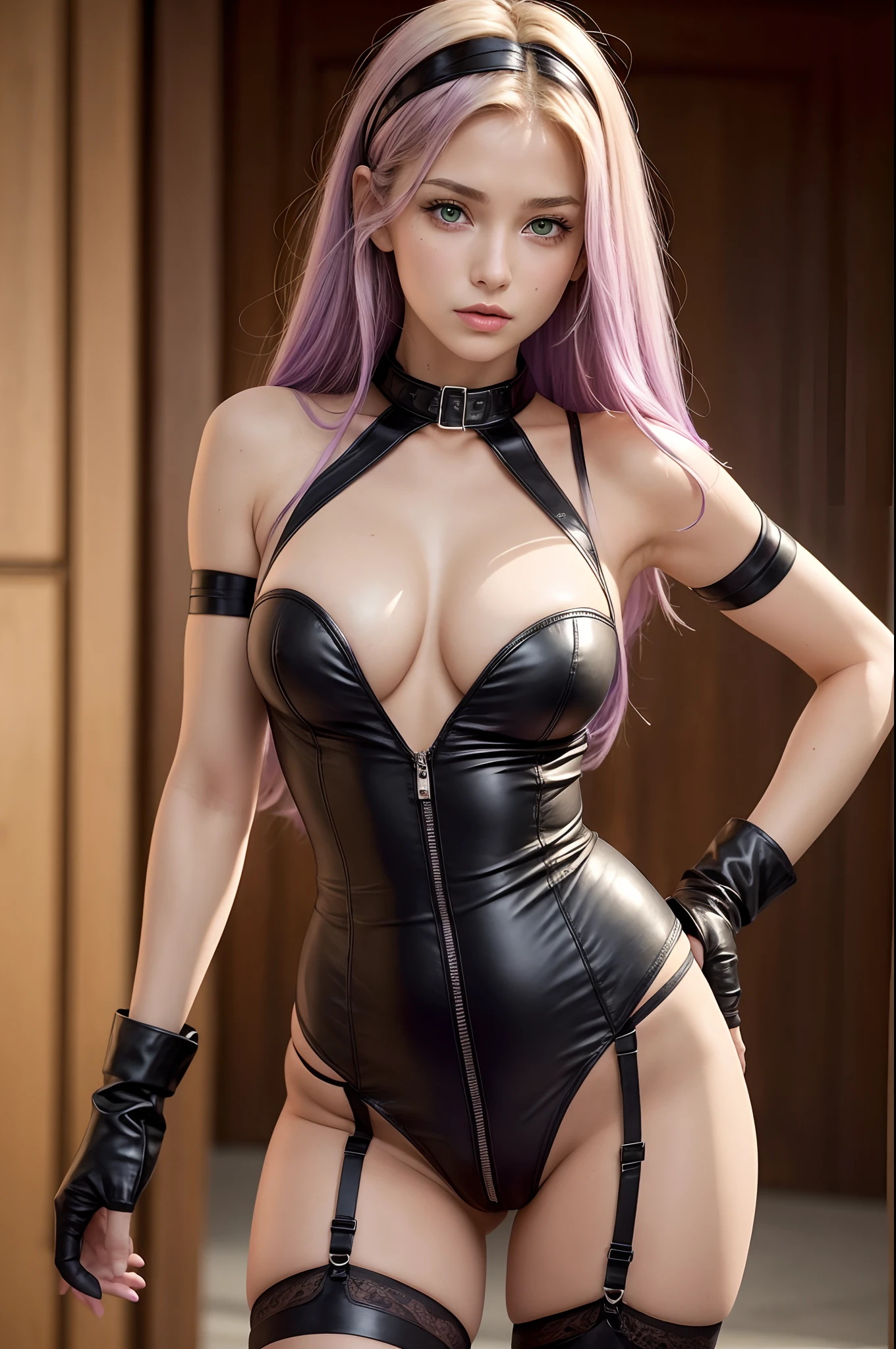 8k, A beautiful -yeld ble woman, purple hair, black headband, green eyes, fitted leather minidress with sexy black neckline, (no bra), detail of body and face, defined thighs, beautiful buttocks, black garter belt, ((no panties)), ((camel toe)), ((Full body shot))