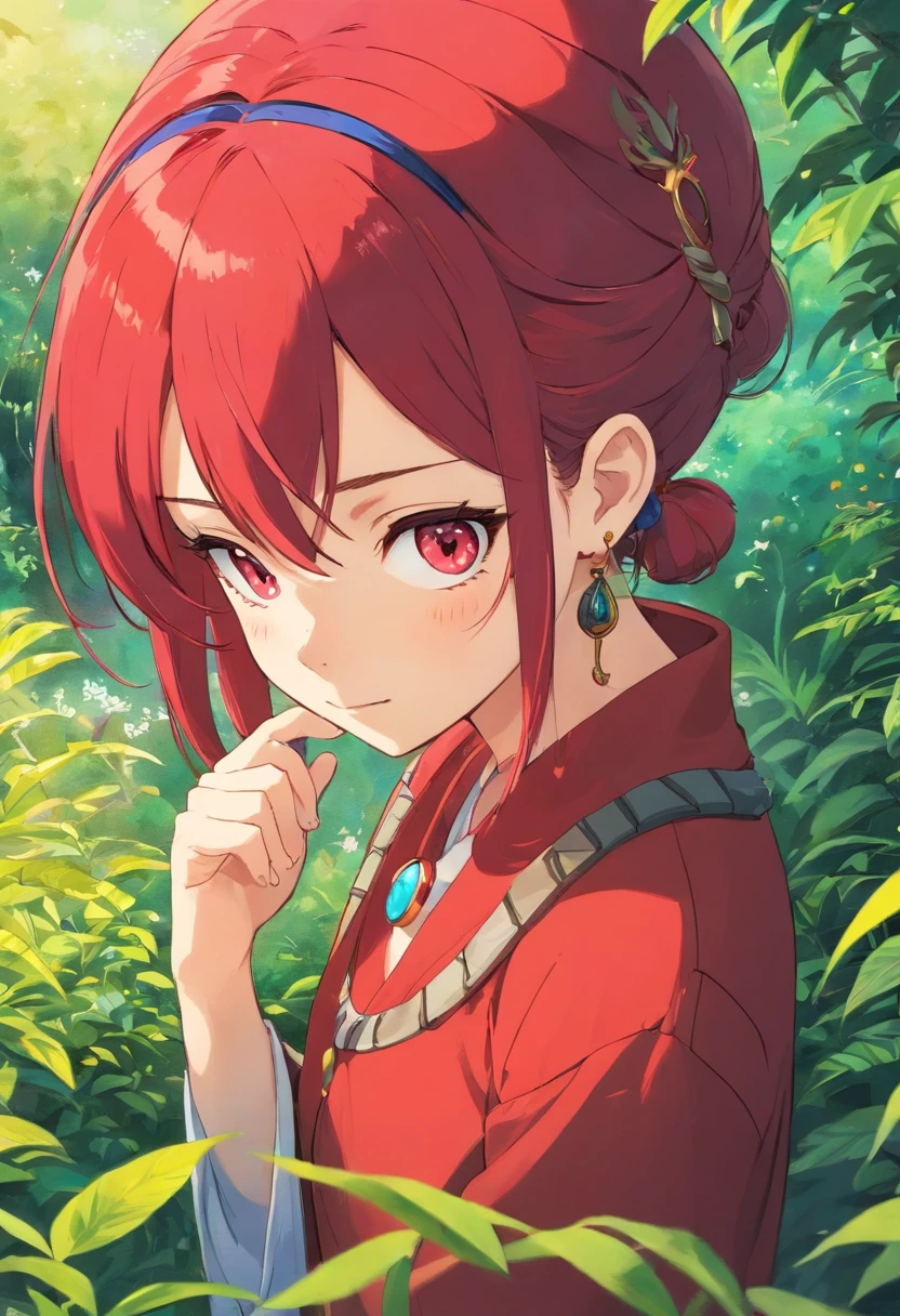uma menina usando um colar de anime, um colar longo e brincos, no estilo de paisagens de jardim tranquilas, animated color photos, Erza scarlet, vermelho-escarlate, Erza scarlet, Estilo Embry, retrato honesto