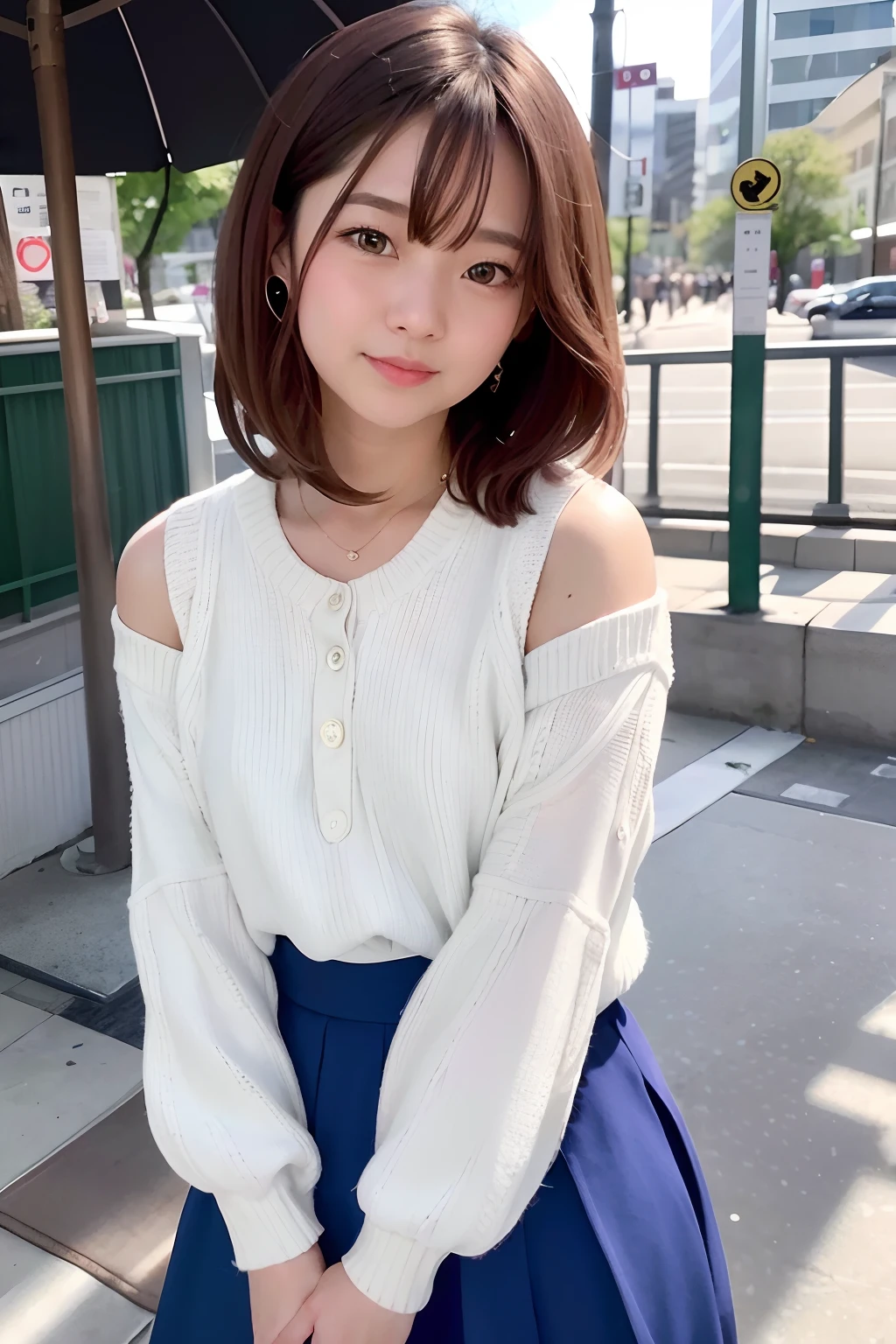 Close up portrait of woman in skirt and sweater posing for photo, With short hair, chiho, sakimichan, Cute beautiful, Beautiful cute, shikamimi, reluvy5213, ulzzangs, cute kawaii girl, 奈良美智, sakimichan, white hime cut hairstyle