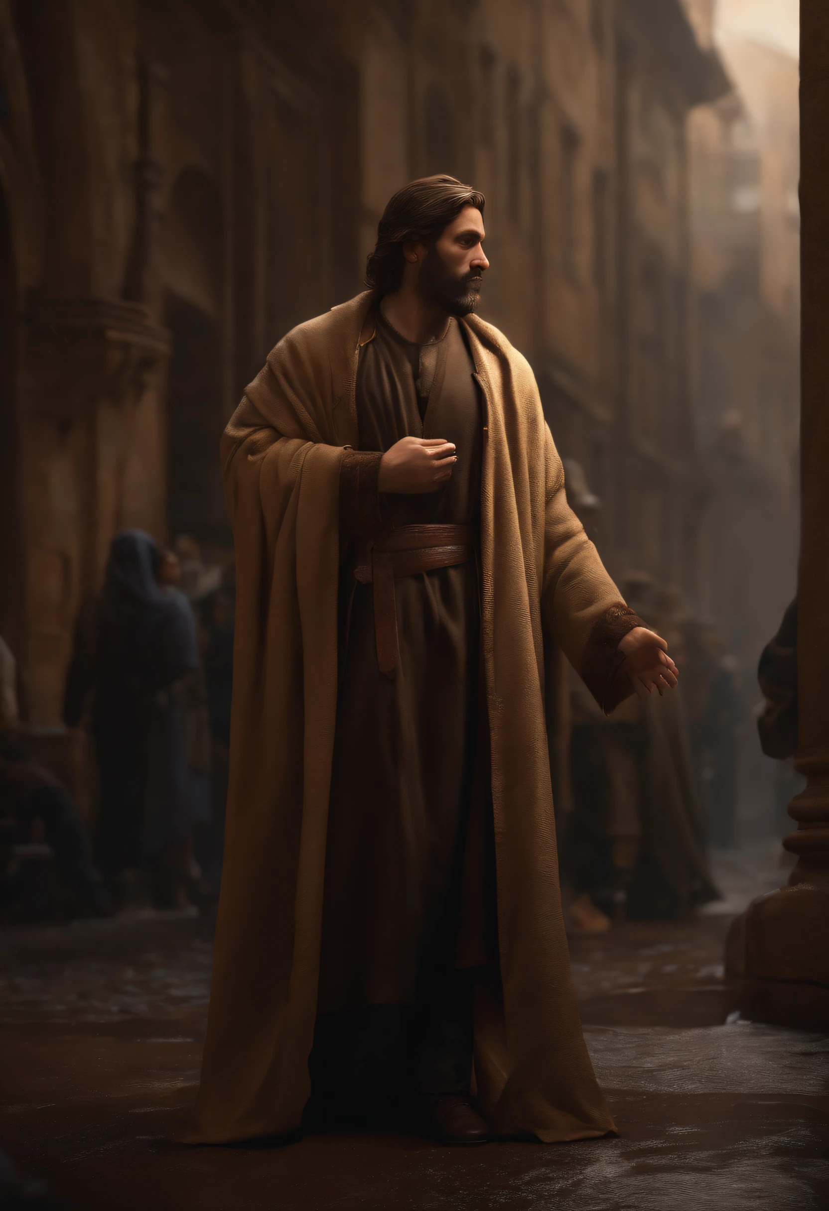 (Professional 3D Rendering:1.3) by (Realistic:1.3) World's Most Beautiful Artwork Photo of Standing body, full body and front view, Jesus from behind, showing an old paper to the people around him, fantastic location, majestic cluttered environment)), full body 8k unit render, action shot, skin pores, very dark lighting, heavy shading, detailed, Detailed face, (vibrant, photorealistic, realistic, dramatic, Dark, sharp focus, 8k), (Old leather clothes damaged by weather:1.4), (((Use fur)))), (intricate:1.4 ), decayed, (high detailed:1.4), digital paint, octane rendering, Art Seasons, Concept-Art, smooth, sharp focus, illustration, germ of art, (Loish:0.23), Wlop Ilya Kuvshinov, and Greg Rutkowski and Alphonse Mucha Gracias, (Global Illumination, Studio Light, Volumetric Light), Heavy Rain, Floating Particles, Rascal, Fantasy, Eleven, Full Body, Esbian, ((Dark Old City Background:1.3)),CGSesociedade,Art Stations