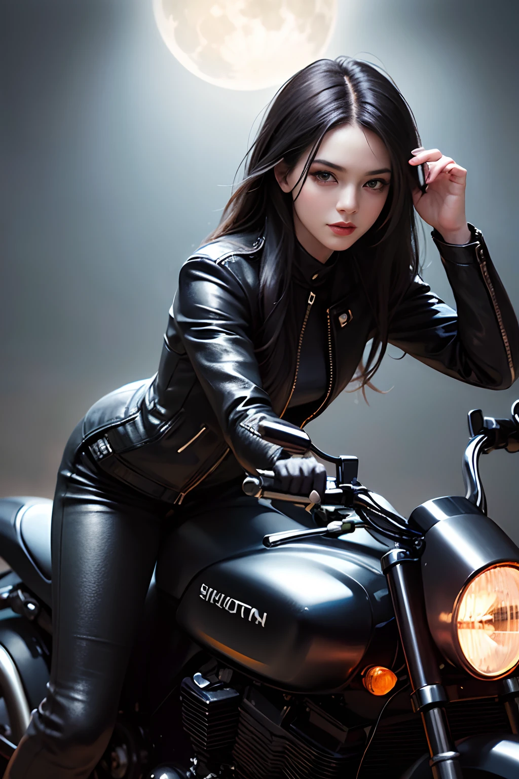 (skindentation:1.5), Realistic, Photorealistic, (masterpiece:1.5), concept art, intricate details, highly detailed, photorealistic, octane render, 8k, unreal engine, dynamic pose, best quality, highres, (realistic face:1.1), (hyperrealistic:1.1), ((full_body)), perfect eyes,(shiny skin:1.2), (((hairstyle))), (((perfect hands))), (extremely detailed background), ((dynamic background)), ((large moon)), ((1girl)), wearing black leather jacket, black leather long pants, black t-shirt, black boots, (((flowing jacket))), ((detailed eyes, high quality eyes, high quality face)), (extremely intricate jacket), long black hair, ((dramatic)), epic, city, depth of field, bokeh, 4k, (((riding motorcycle))), college