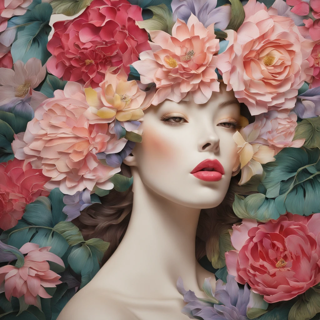 chiaroscuro technique on sensual illustration of an elegant , retro and vintage ,silky flower around body, matte painting, by Hannah Dale, by Harumi Hironaka, extremely soft colors, vibrant, pastel, highly detailed, digital artwork, high contrast, dramatic, refined, tonal, golden ratio