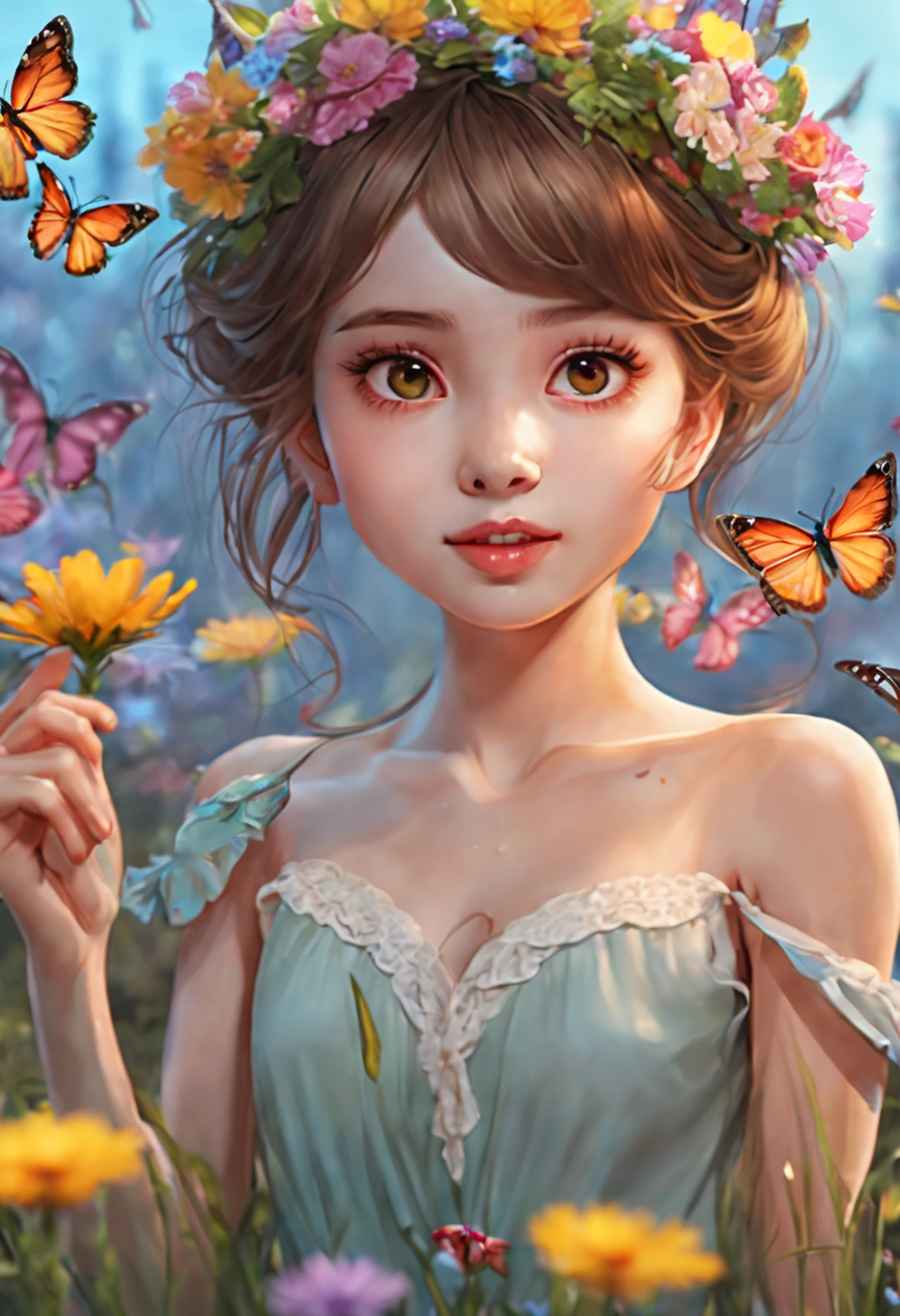 1girl, solo, full body, (masterpiece:1.21), (best quality:1.2), colorful, (illustration:1.2), (cinematic lighting:1.1), (bare shoulders:1.21), (collarbone:1.21)
In this whimsical and fantastical garden, the scene is illuminated by a rainbow of (colorful fireflies), dancing and fluttering in the air. The garden is decorated by a gentle (drizzle), creating a misty and ethereal atmosphere. In the center of the scene, there is a single girl, an extremely delicate and beautiful girl, with cute features and an innocent expression. Her long hair is flowing with the wind. She is wearing no shoulder straps dress, which is ultra low cut, highlighting her delicate curves.

The lighting is very delicate and beautiful, creating a soft and warm glow that highlights the water, making it sparkle like diamonds. The finest grass is also illuminated, creating a lush and verdant carpet. The garden is surrounded by colorful flower fields, with blooms of every color and shape. (Colorful butterflies), of every shade and size, can be seen fluttering around the scene, adding to the overall sense of wonder and magic. (look ai viewer),A blush can be seen on her nose, and her mouth is slightly open, adding to the overall sense of innocence and youthfulness. Falling petals can be seen floating around her, adding to the overall sense of romance and beauty. A gentle wind is blowing through the scene, making the leaves rustle and the flowers sway, adding to the overall sense of movement and life. This is a scene of pure wonder and magic, filled with color and beauty, where the viewer can lose themselves in the enchanting and captivating world.