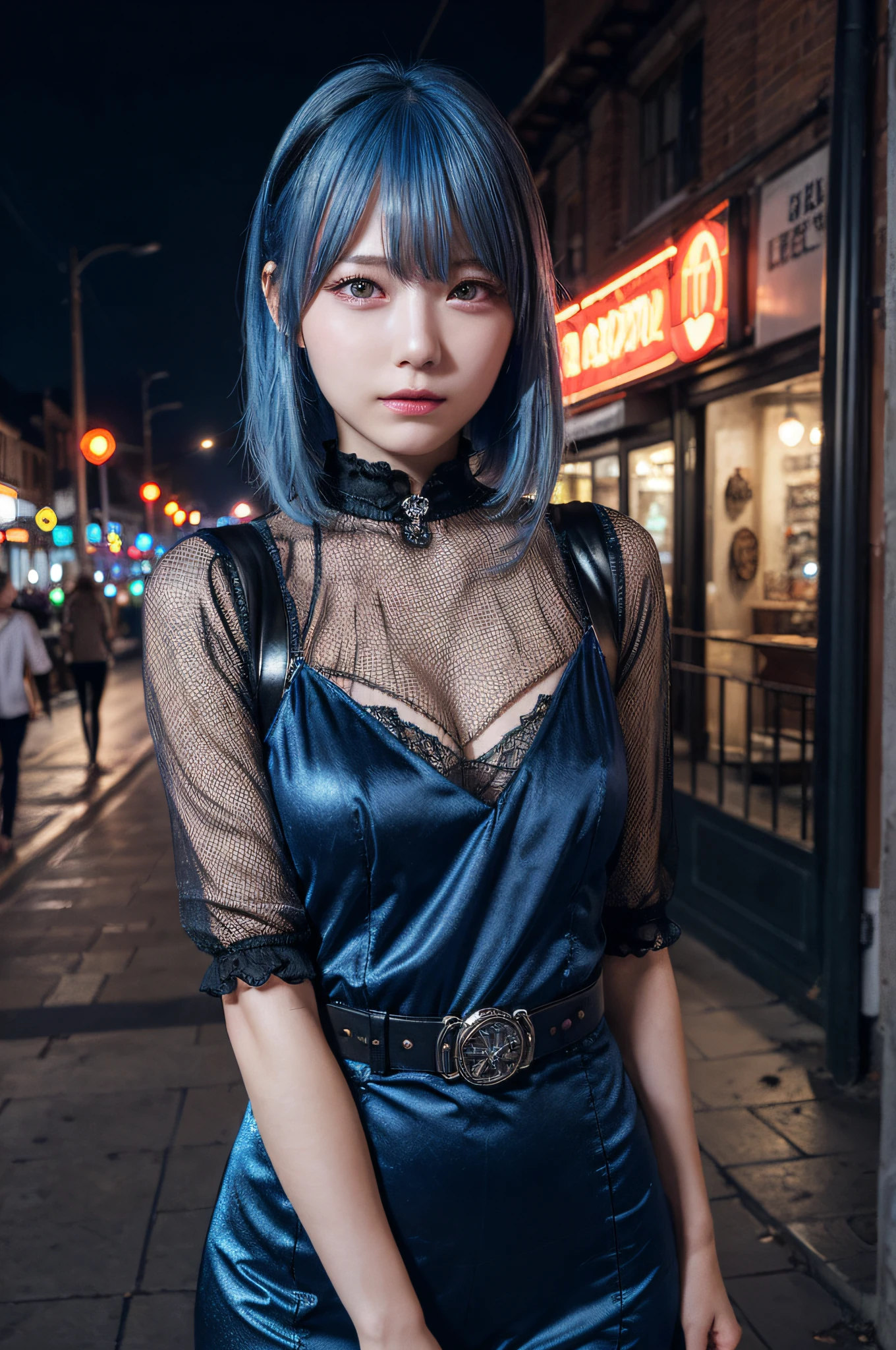 ((masutepiece)), ((Best Quality)), (Ultra-detailed), ((Extremely detailed)), 4K, (8K), Best Quality, (Beautiful), Dynamic Angle, city, Town, Night, Cute little girl s, 1girl in, Solo, Steampunk, Beautiful blue hair 0, ((Beautiful eyes)), Mesh, Cool, Neon light, shiny