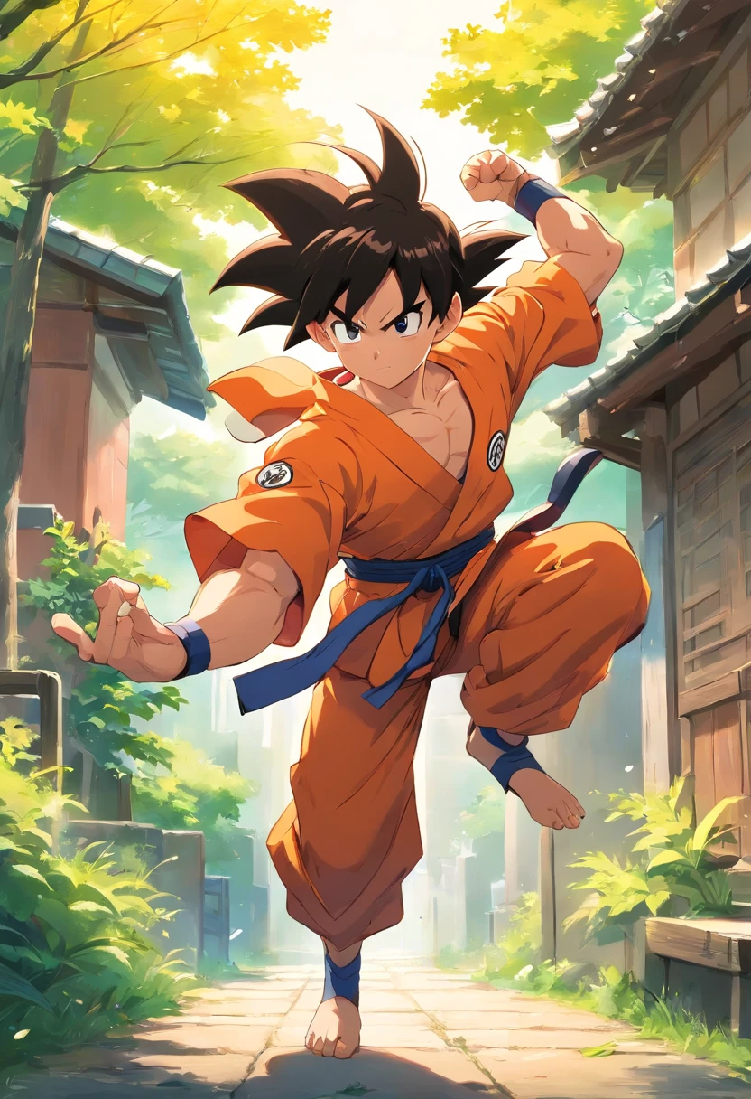 Teen Goku, outdoors ruala village, martial arts training fighting Paragus Breaking his controller.