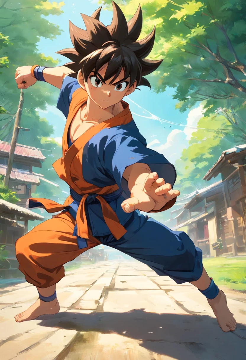Teen Goku, outdoors ruala village, martial arts training fighting Paragus Breaking his controller.