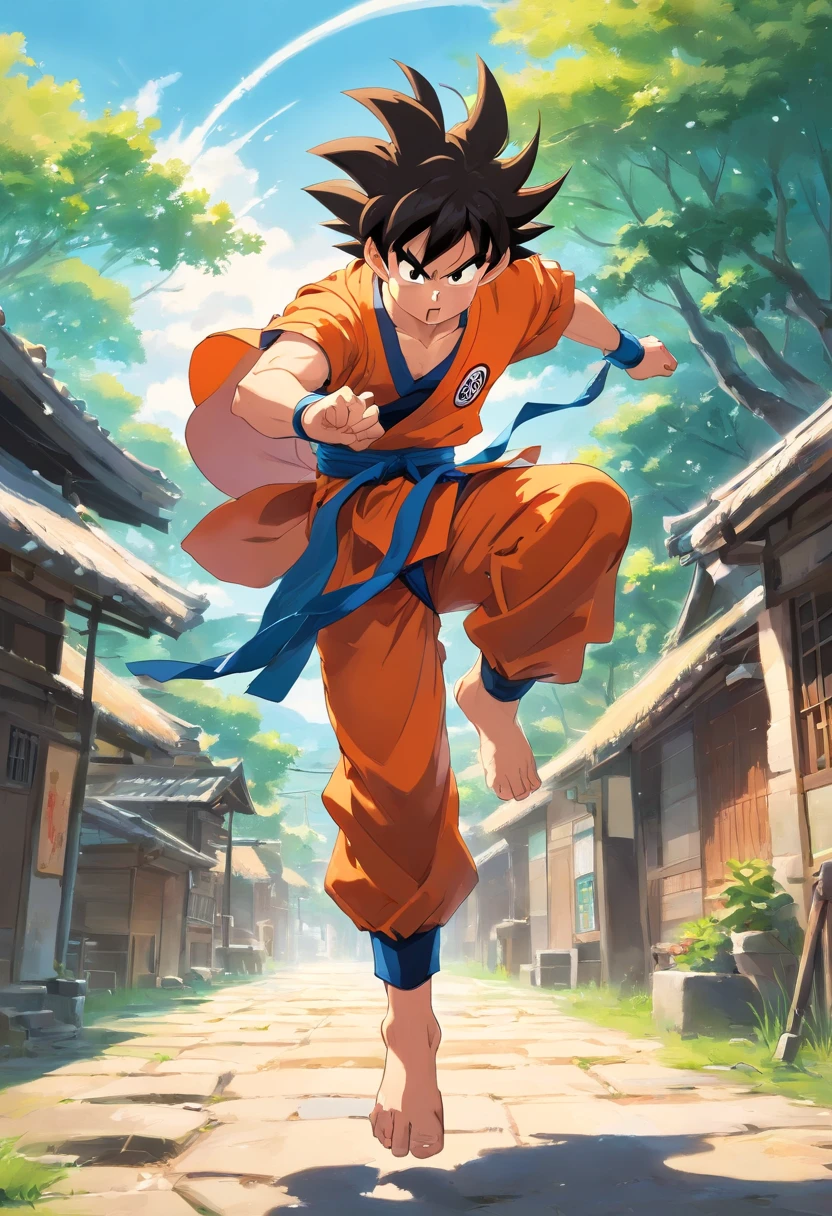 Teen Goku, outdoors ruala village, martial arts training fighting Paragus Breaking his controller.