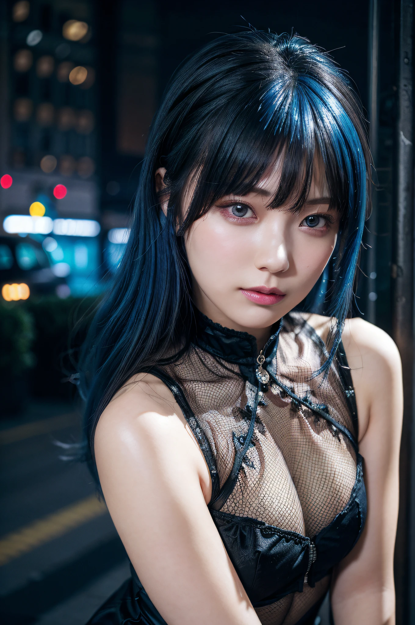 ((masutepiece)), ((Best Quality)), (Ultra-detailed), ((Extremely detailed)), 4K, (8K), Best Quality, (Beautiful), Dynamic Angle, city, Town, Night, Cute little girl s, 1girl in, Solo, Steampunk, Beautiful blue hair 0, ((Beautiful eyes)), Mesh, Cool, Neon light, shiny