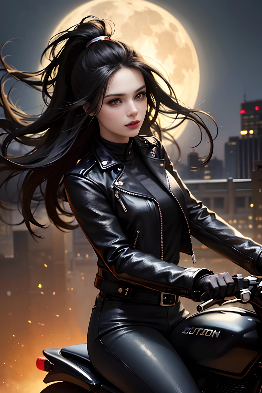 (skindentation:1.5), Realistic, Photorealistic, (masterpiece:1.5), concept art, intricate details, highly detailed, photorealistic, octane render, 8k, unreal engine, dynamic pose, best quality, highres, (realistic face:1.1), (hyperrealistic:1.1), ((full_body)), perfect eyes,(shiny skin:1.2), (((hairstyle))), (((perfect hands))), (extremely detailed background), ((dynamic background)), ((large moon)), ((1girl)), wearing black leather jacket, black leather long pants, black t-shirt, black boots, (((flowing jacket))), ((detailed eyes, high quality eyes, high quality face)), (extremely intricate jacket), long black hair, ((dramatic)), epic, city, depth of field, bokeh, 4k, (((riding motorcycle))), college