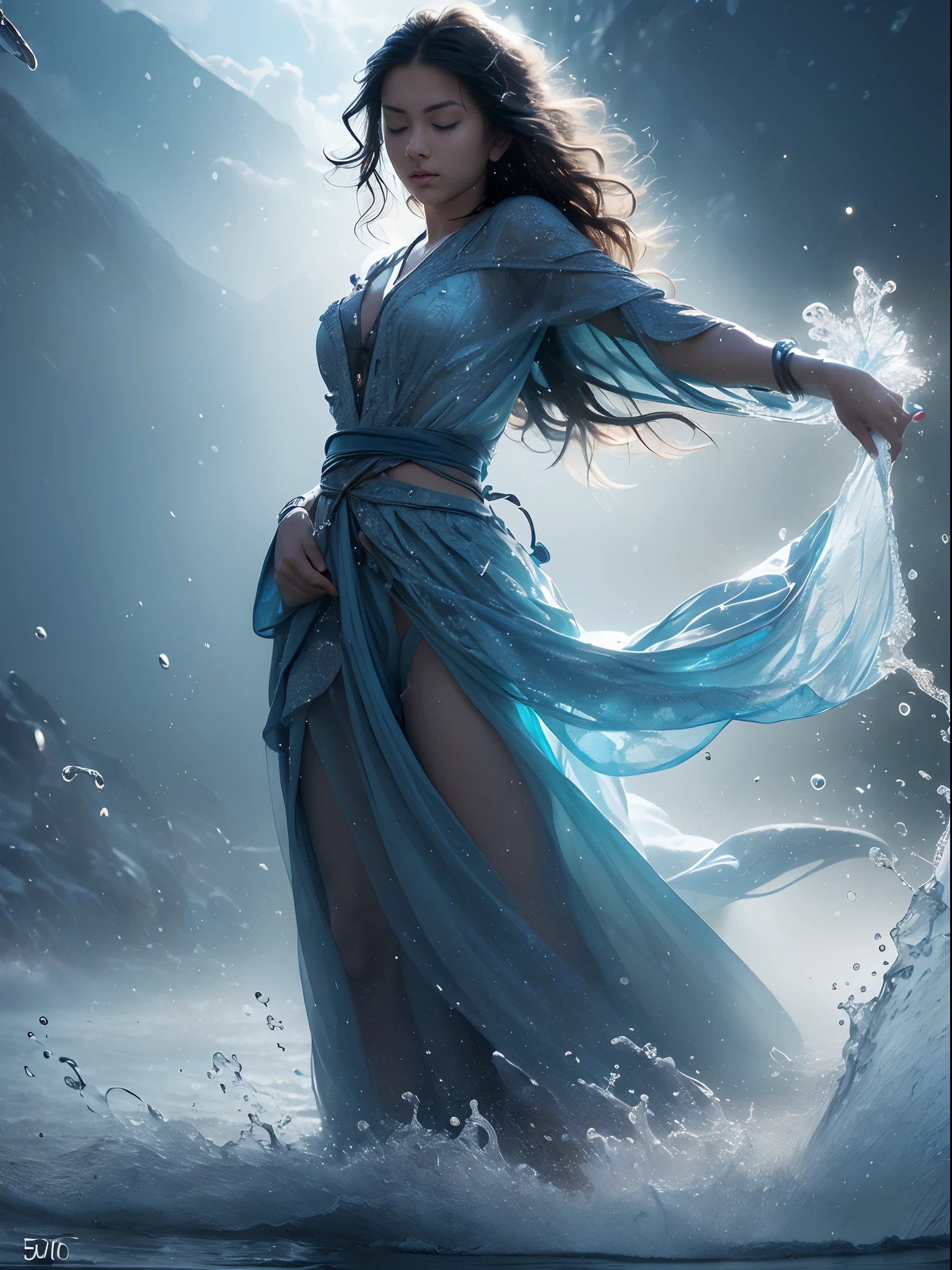 A woman in a blue dress is standing in the water - SeaArt AI