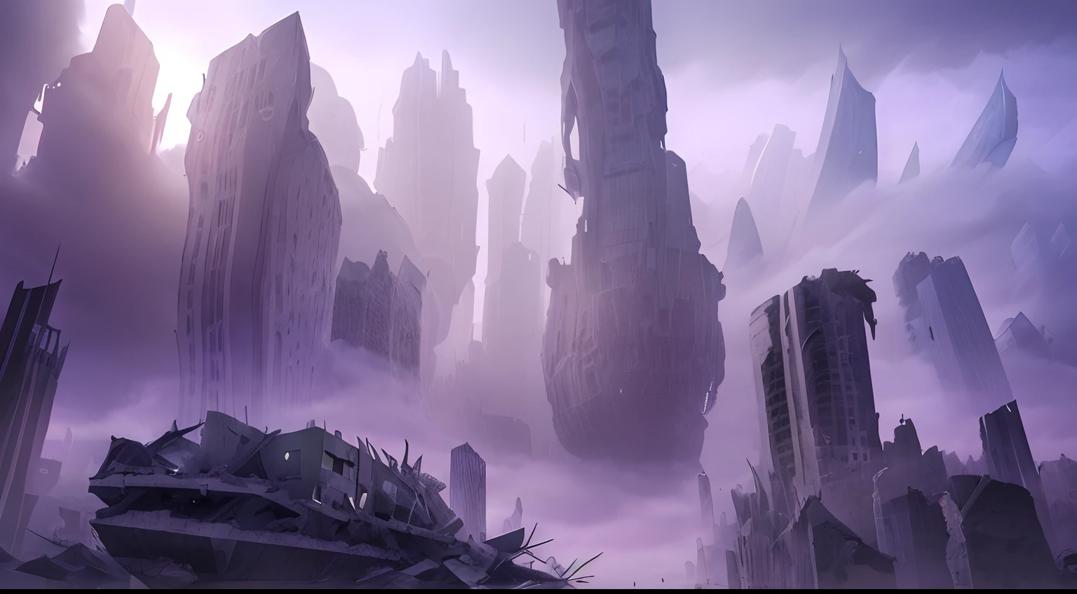 A floating modern city that has destroyed buildings but the large pices of rubble is floating where the buildings one stood. Surrounded in a purple fog in an adventure time art style not realistic
