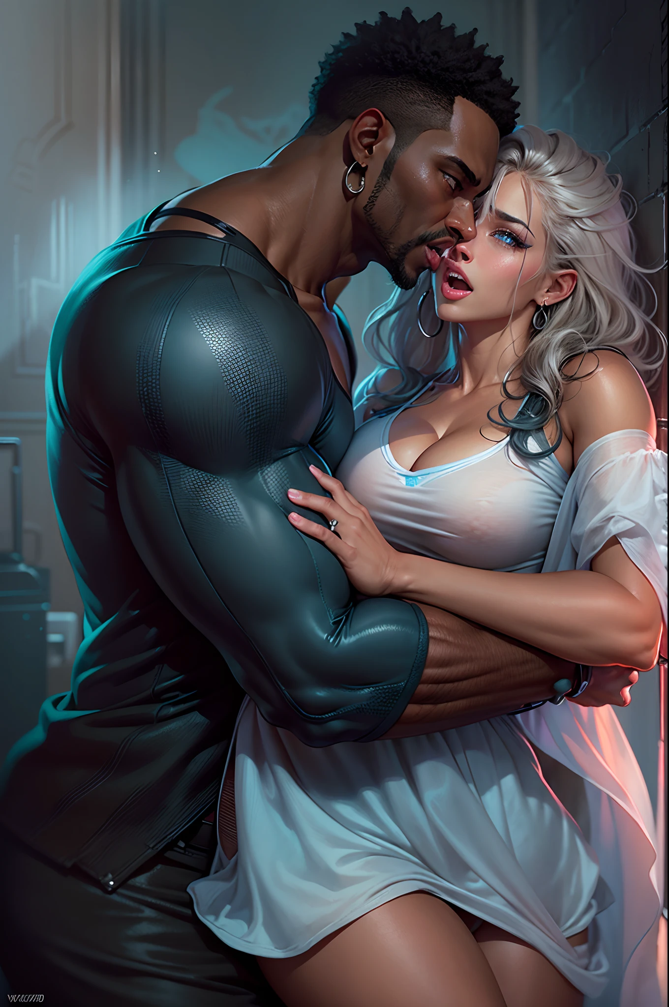 Middle-aged Woman, sexy thunder thighs, sexy voluptuous, large breasts, slimmest waist, sexy mature face, wear summer light blue dress, black hair, glowing eyes, open mouth, blonde hair, white hair, messy hair, very long hair, symbol-shaped pupils, aqua eyes, glowing eyes, pointy ears, earrings, angry, embarrassed, mouth hold, seductive smile, heavy breathing, moaning, torogao, rape face. A black man, muscle handsome body, brown skin, wear exercise clothes. woman flustered snuggle kisses on black man passionately, black man caress woman, in romance snuggle kiss passionately poses. Gothic art, Realism, UHD, textured skin, super detail, 8k, 16k, high quality
