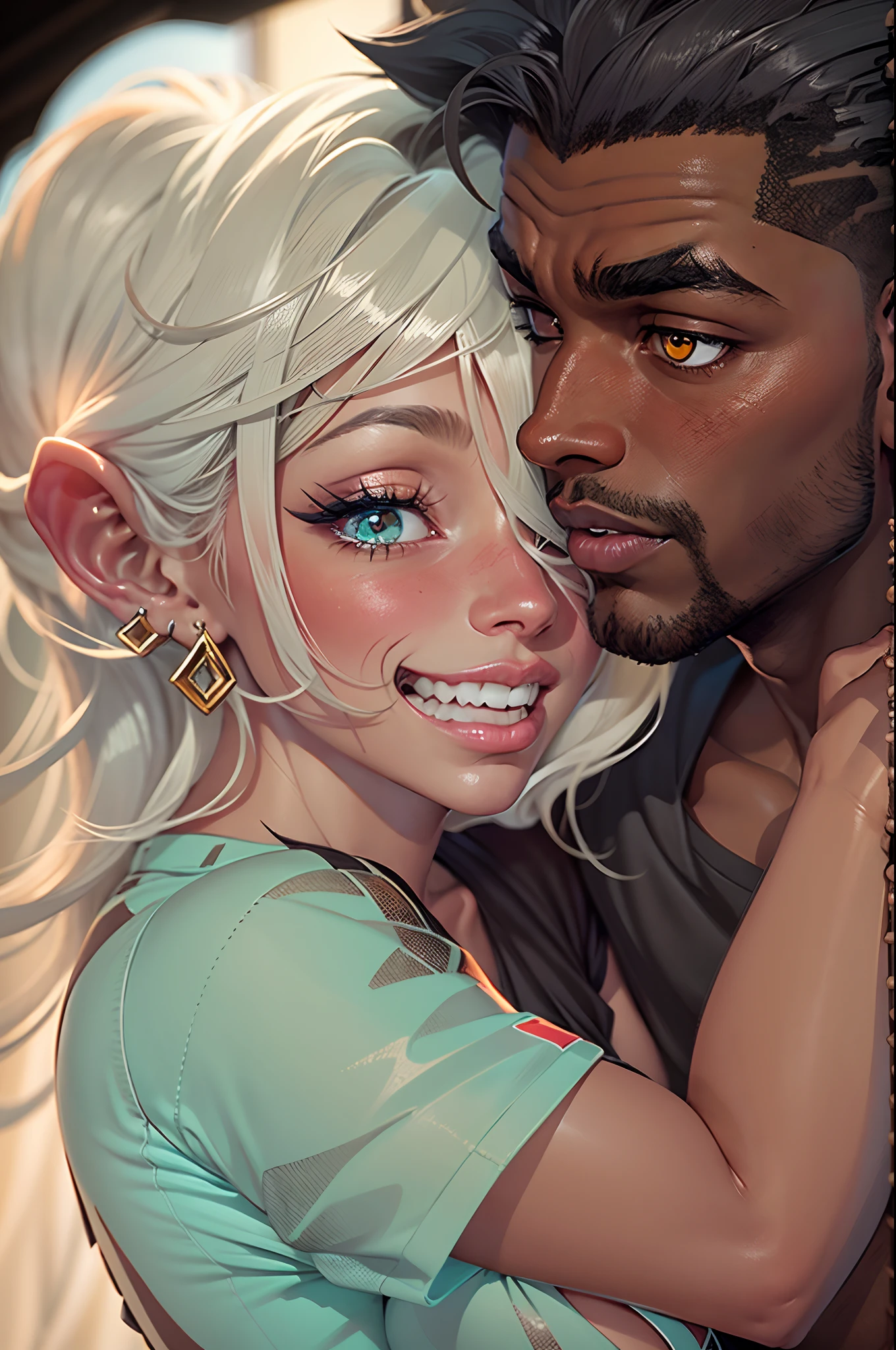 Middle-aged Woman, sexy thunder thighs, sexy voluptuous, large breasts, slimmest waist, sexy mature face, wear summer light blue dress, black hair, glowing eyes, open mouth, blonde hair, white hair, messy hair, very long hair, symbol-shaped pupils, aqua eyes, glowing eyes, pointy ears, earrings, angry, embarrassed, mouth hold, seductive smile, heavy breathing, moaning, torogao, rape face. A black man, muscle handsome body, brown skin, wear exercise clothes. woman flustered snuggle kisses on black man passionately, black man caress woman, in romance snuggle kiss passionately poses. Gothic art, Realism, UHD, textured skin, super detail, 8k, 16k, high quality