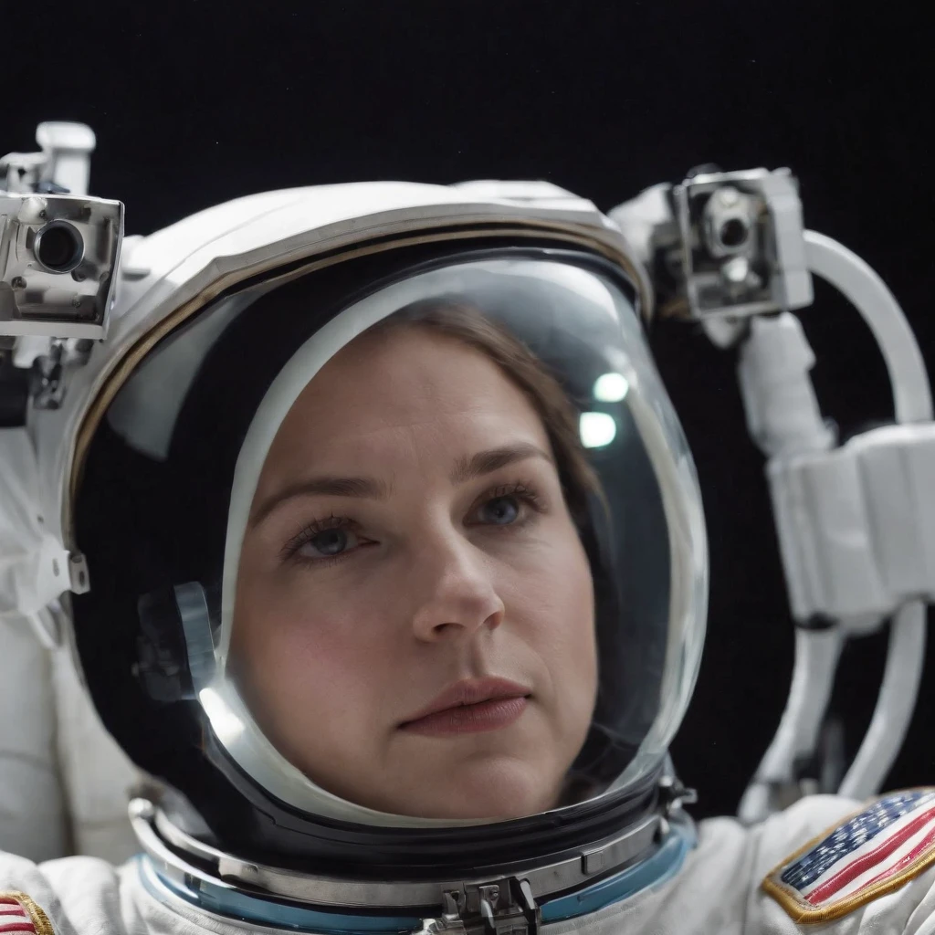Astronaut and space station and artificial light and close-up.