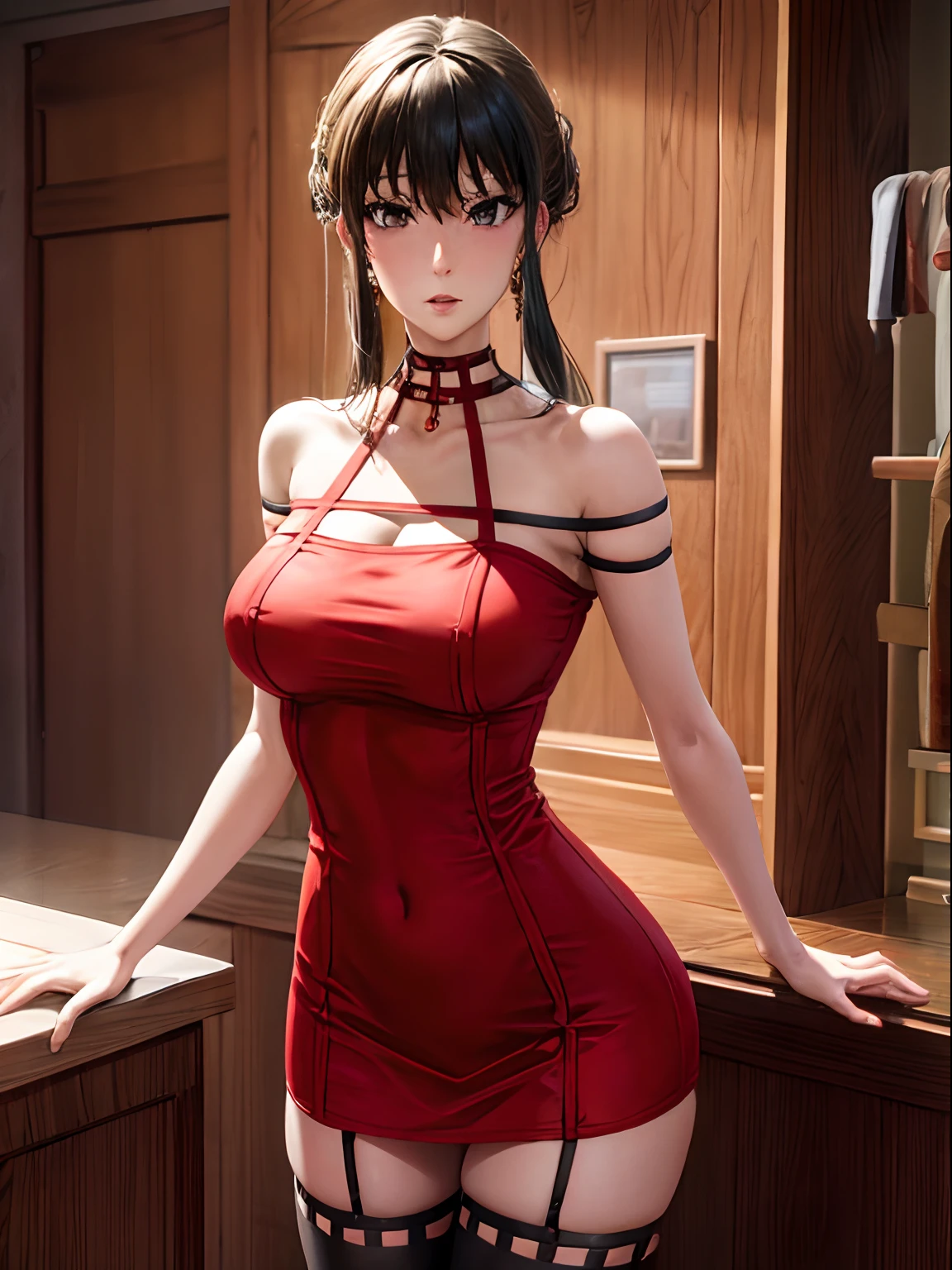 girl, Black Hair, (1980s style), ((Red sleeveless tight dress)), Big Breasts,Long Hair, (Browsing Caution:1.0),背の高いSupermodel、Long-legged Supermodel、Supermodel,((Highest quality、Best image quality、Ultra-high resolution、Ultra-high resolutionで描画、Very beautiful adult Nordic woman、Strong eye highlights)),Browsing Caution,(See through)